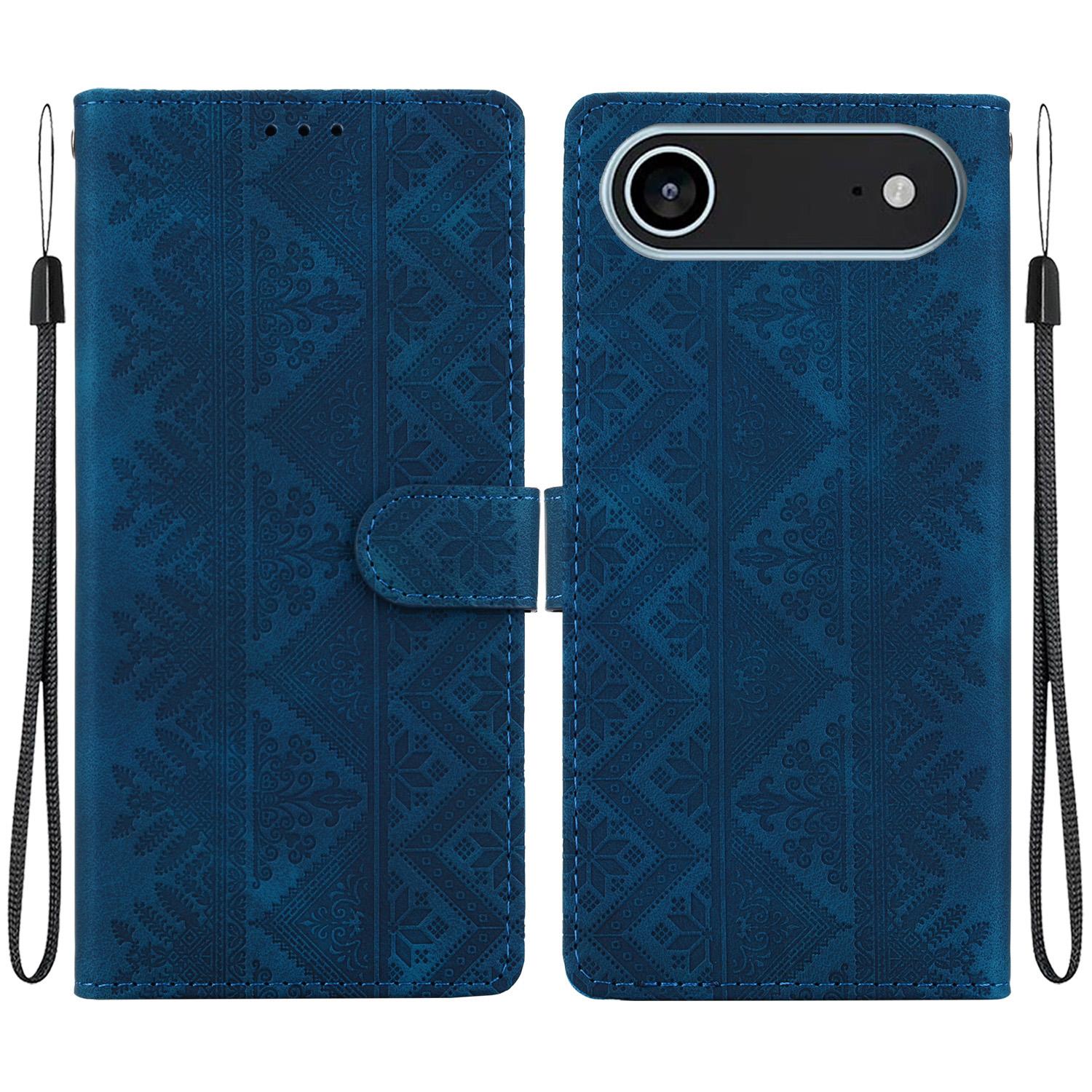 For iPhone Air Ethnic Pattern Embossed Vegan Leather Phone Case(Dark Blue) - Shopkiz.com