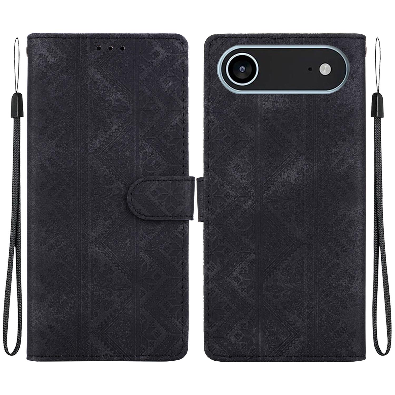 For iPhone Air Ethnic Pattern Embossed Vegan Leather Phone Case(Black) - Shopkiz.com