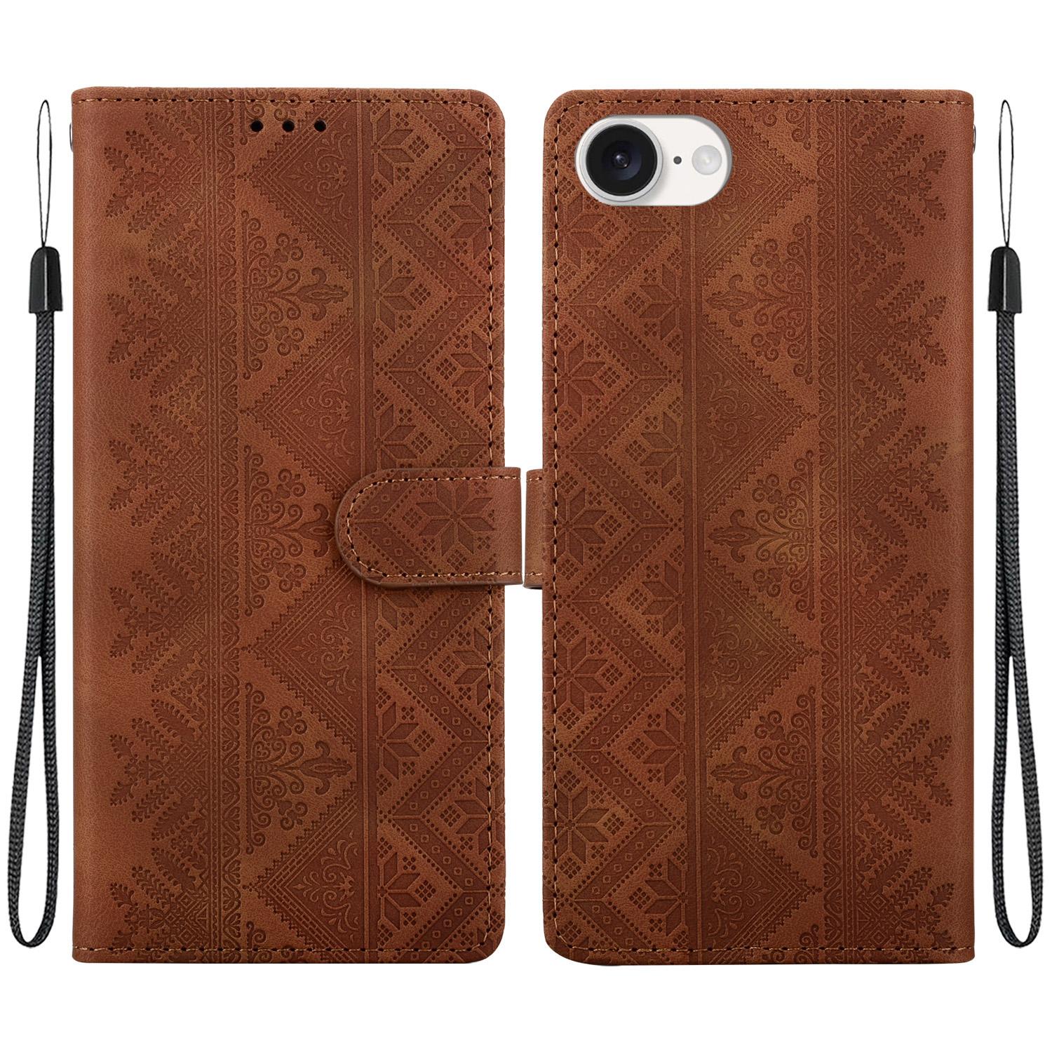 For iPhone 17e / 16e Ethnic Pattern Embossed Vegan Leather Phone Case(Brown) - Shopkiz.com