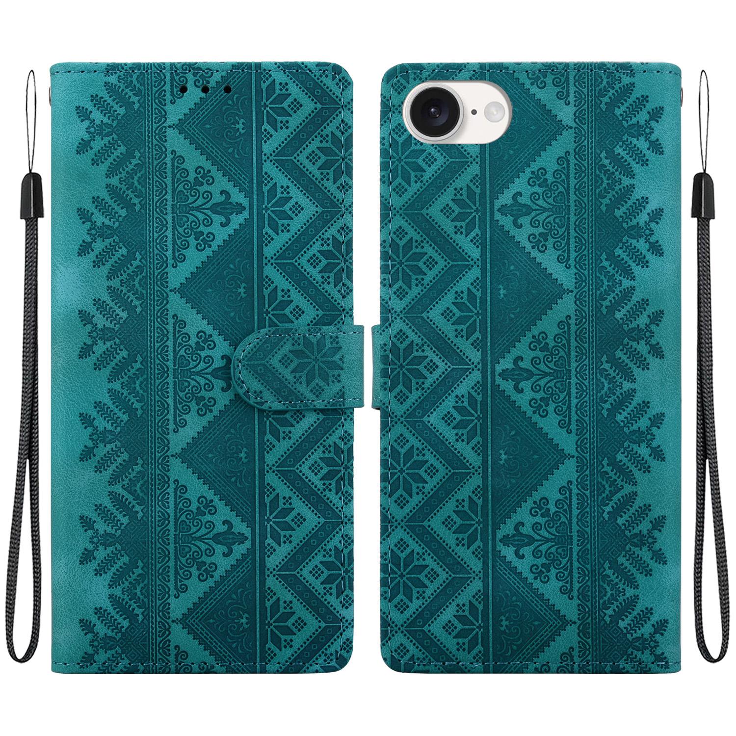 For iPhone 17e / 16e Ethnic Pattern Embossed Vegan Leather Phone Case(Green) - Shopkiz.com