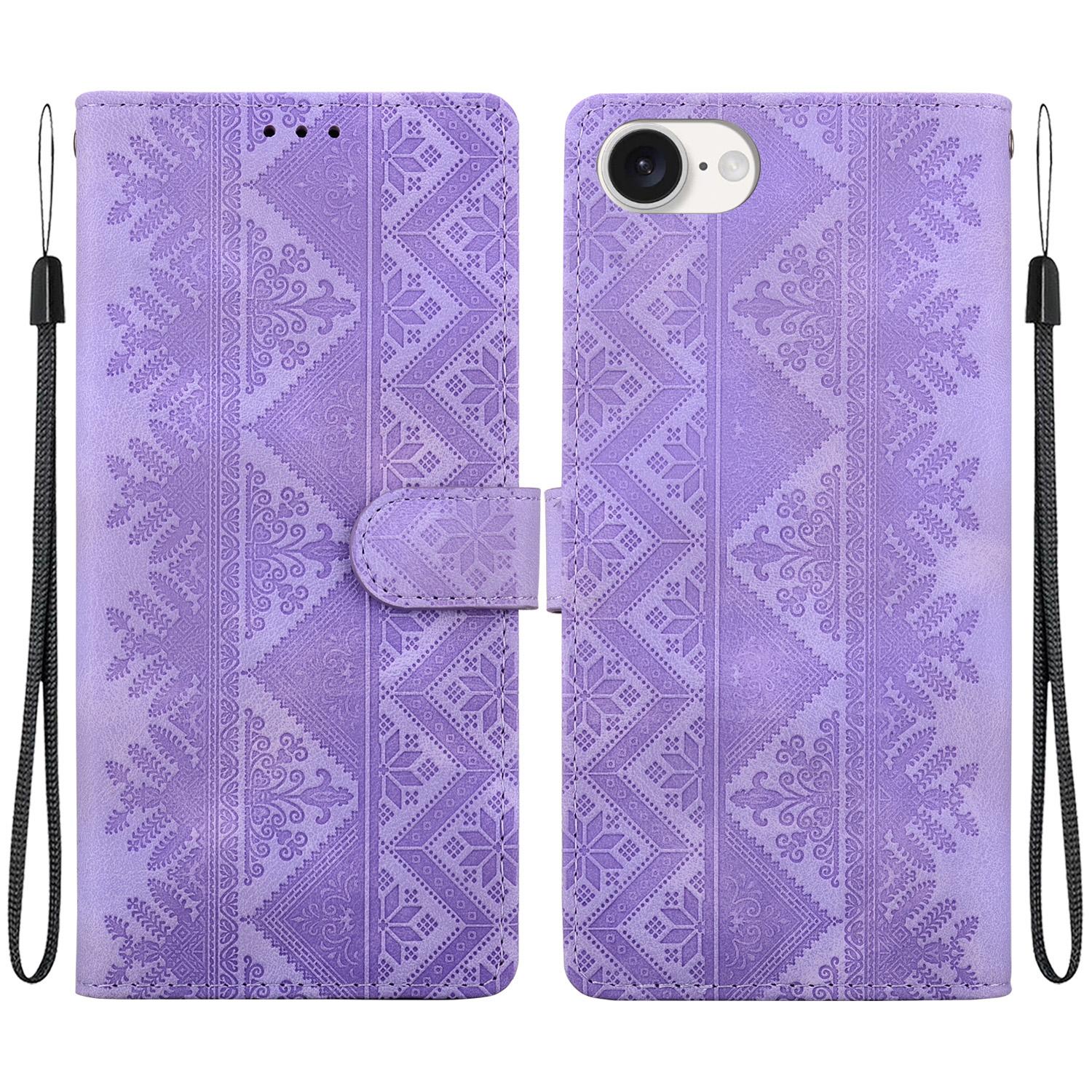 For iPhone 17e / 16e Ethnic Pattern Embossed Vegan Leather Phone Case(Purple) - Shopkiz.com