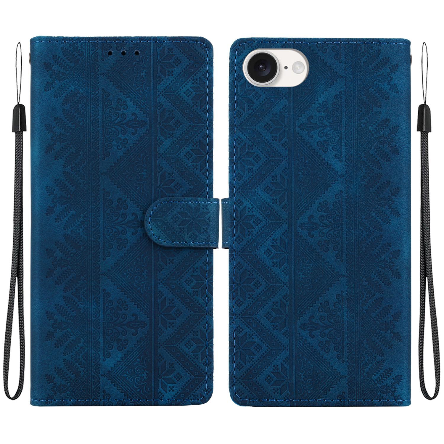 For iPhone 17e / 16e Ethnic Pattern Embossed Vegan Leather Phone Case(Dark Blue) - Shopkiz.com