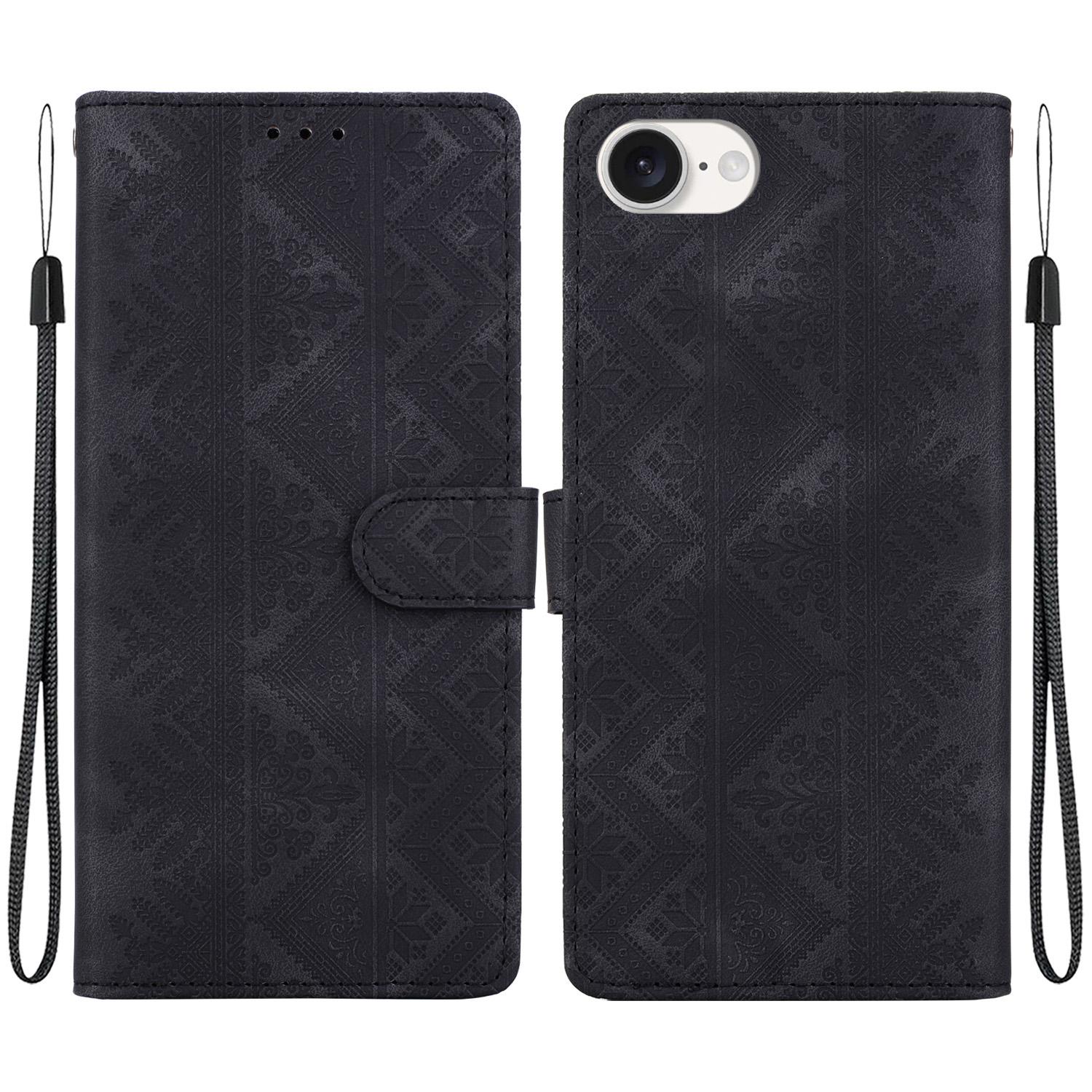 For iPhone 17e / 16e Ethnic Pattern Embossed Vegan Leather Phone Case(Black) - Shopkiz.com