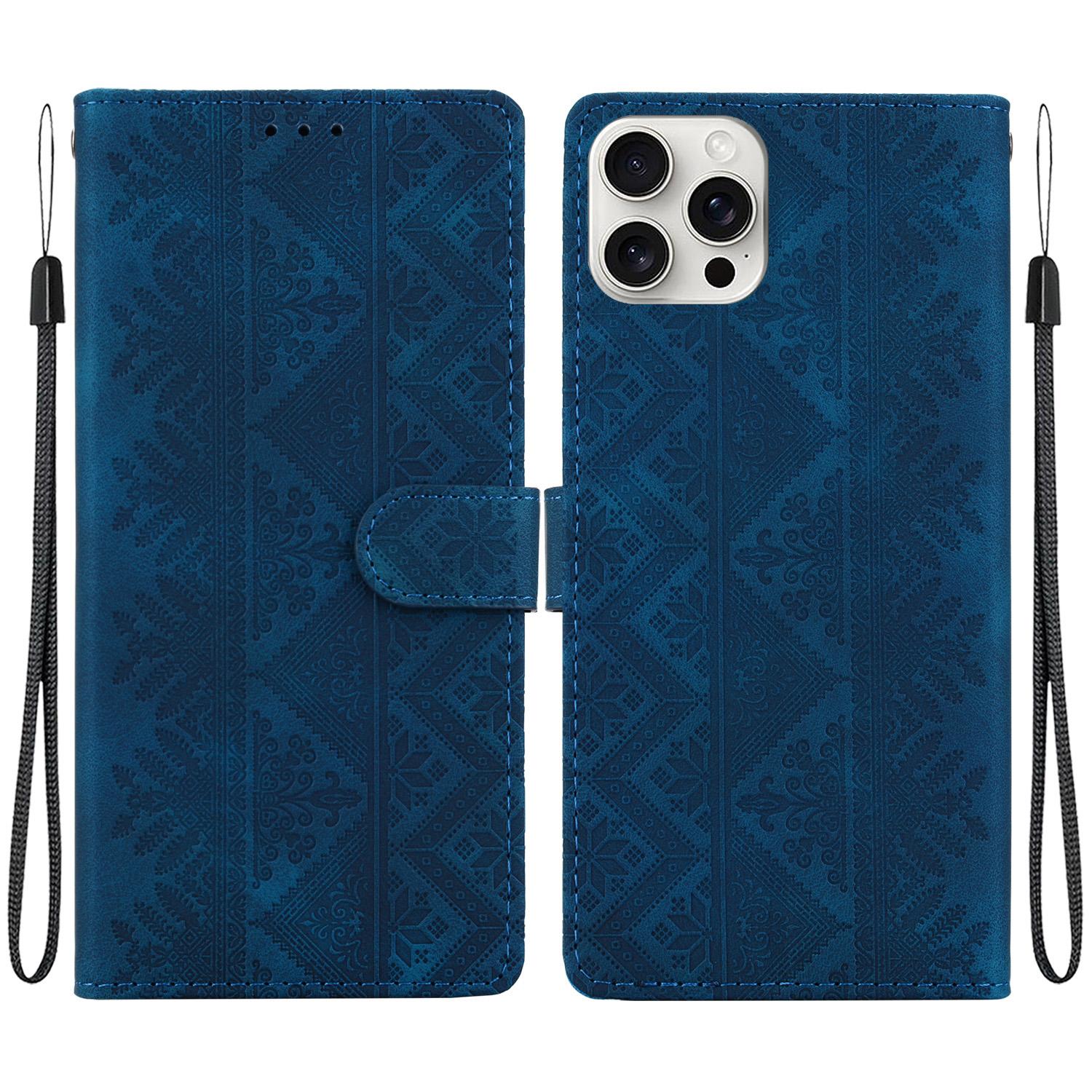 For iPhone 16 Pro Max Ethnic Pattern Embossed Vegan Leather Phone Case(Dark Blue) - Shopkiz.com