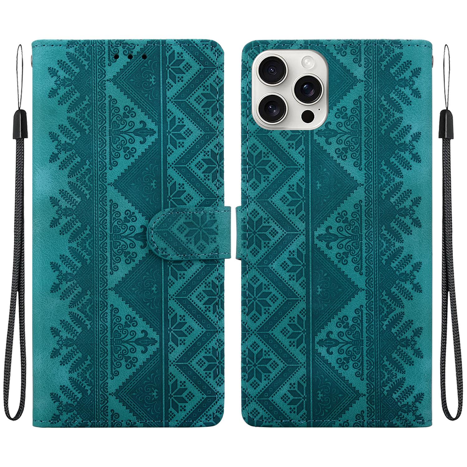 For iPhone 16 Pro Ethnic Pattern Embossed Vegan Leather Phone Case(Green) - Shopkiz.com
