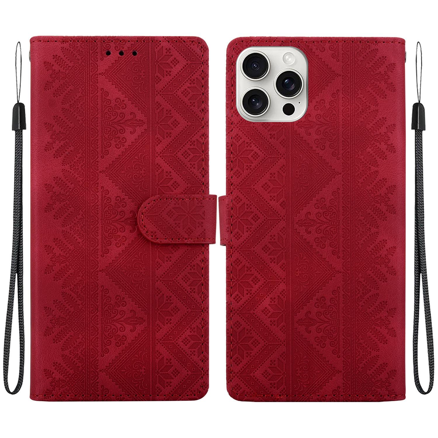 For iPhone 16 Pro Ethnic Pattern Embossed Vegan Leather Phone Case(Red) - Shopkiz.com