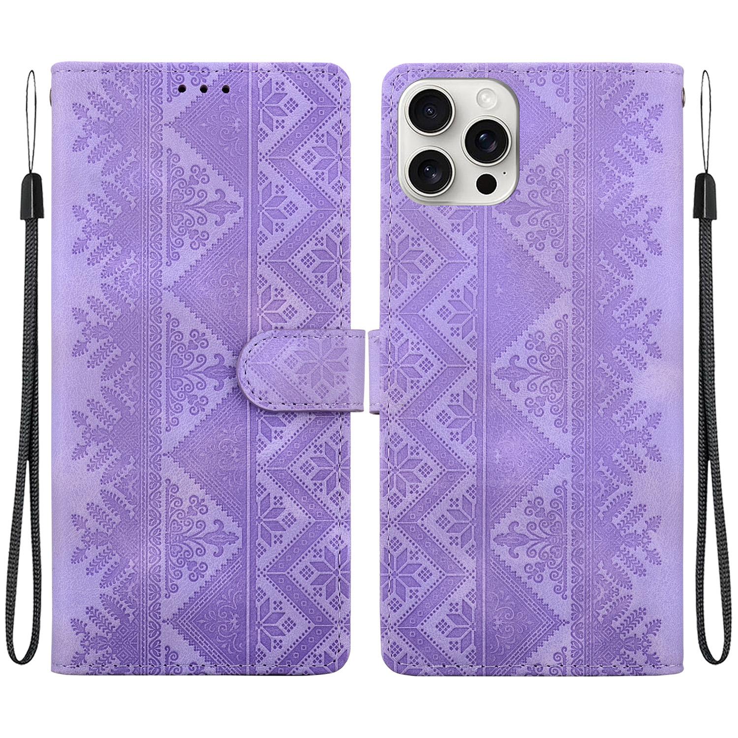 For iPhone 16 Pro Ethnic Pattern Embossed Vegan Leather Phone Case(Purple) - Shopkiz.com