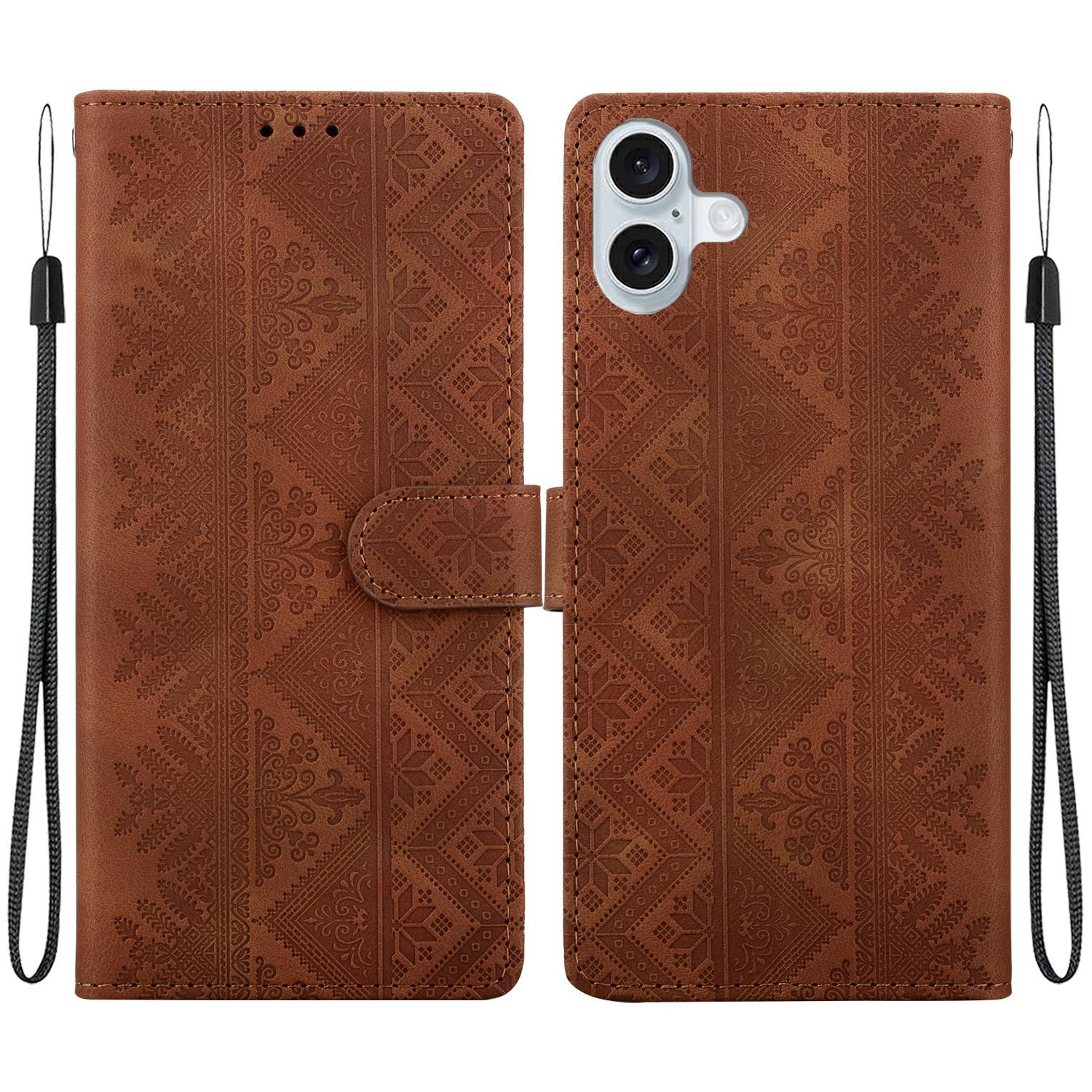 For iPhone 16 Plus Ethnic Pattern Embossed Vegan Leather Phone Case(Brown) - Shopkiz.com