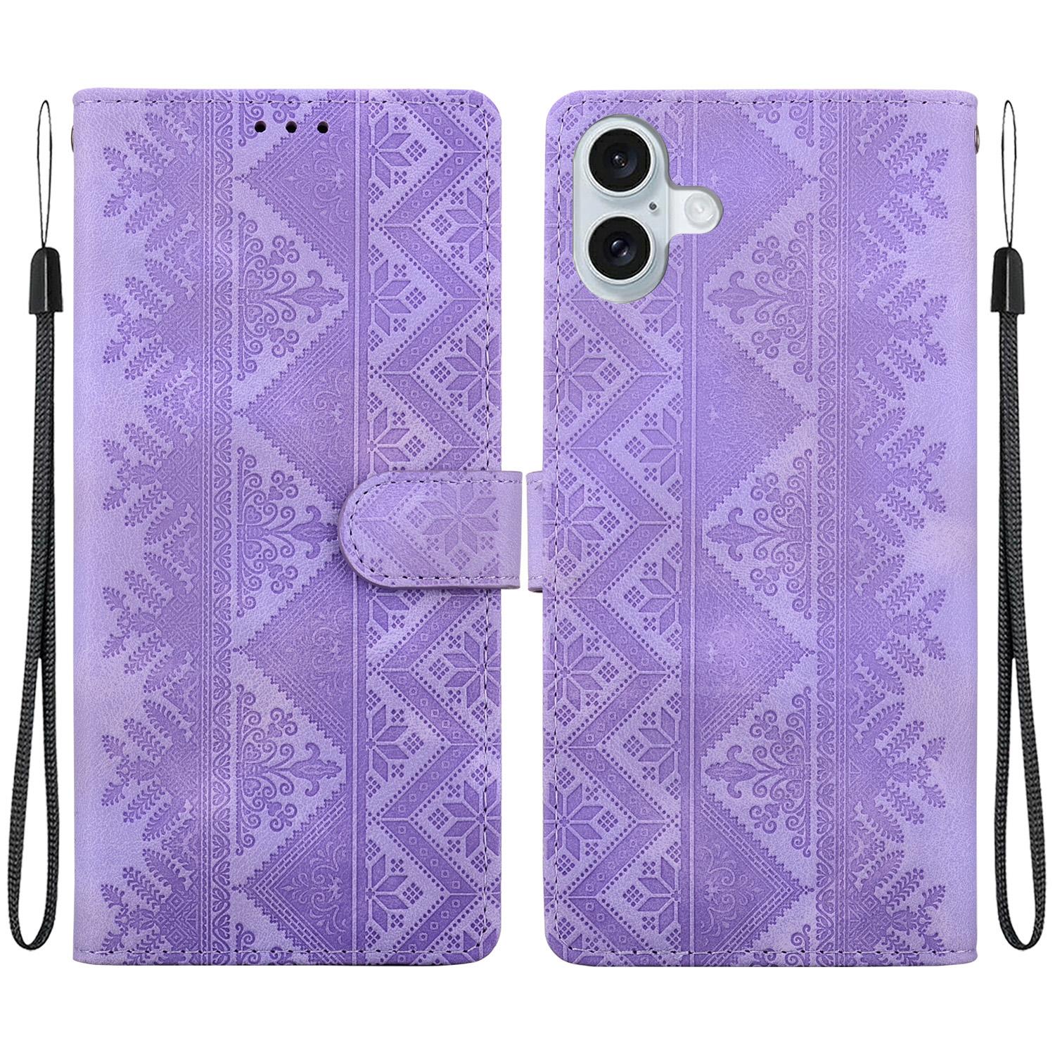 For iPhone 16 Plus Ethnic Pattern Embossed Vegan Leather Phone Case(Purple) - Shopkiz.com