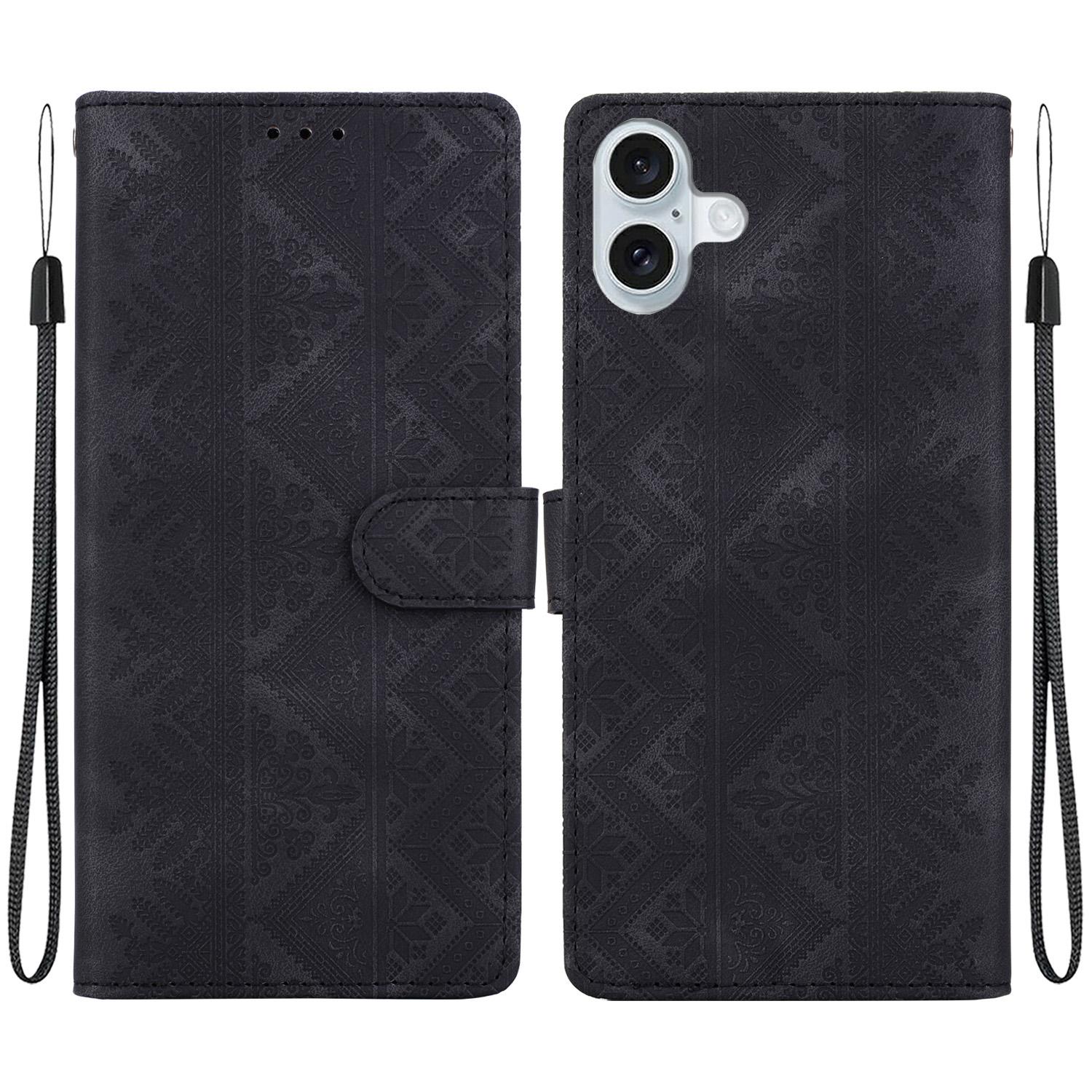 For iPhone 16 Plus Ethnic Pattern Embossed Vegan Leather Phone Case(Black) - Shopkiz.com