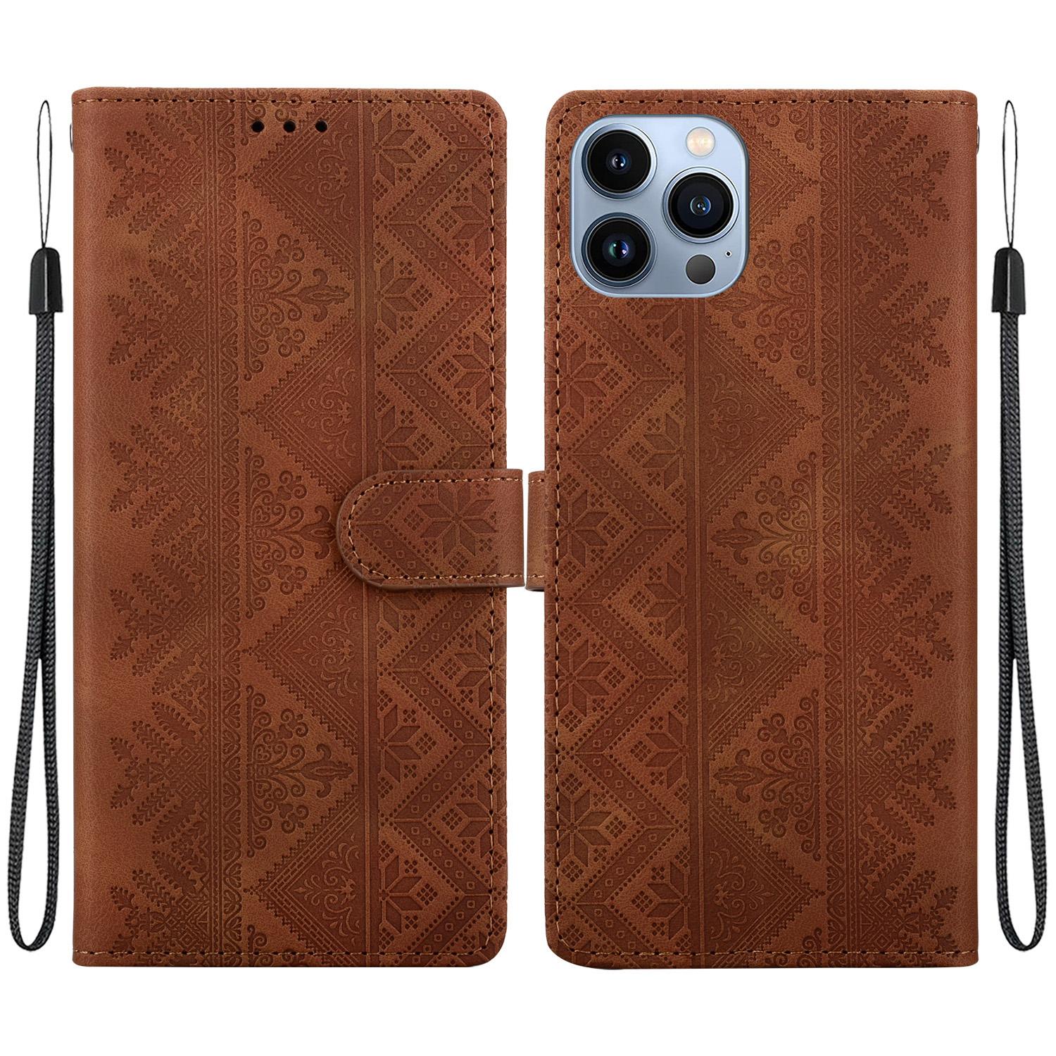 For iPhone 15 Pro Max Ethnic Pattern Embossed Vegan Leather Phone Case(Brown) - Shopkiz.com