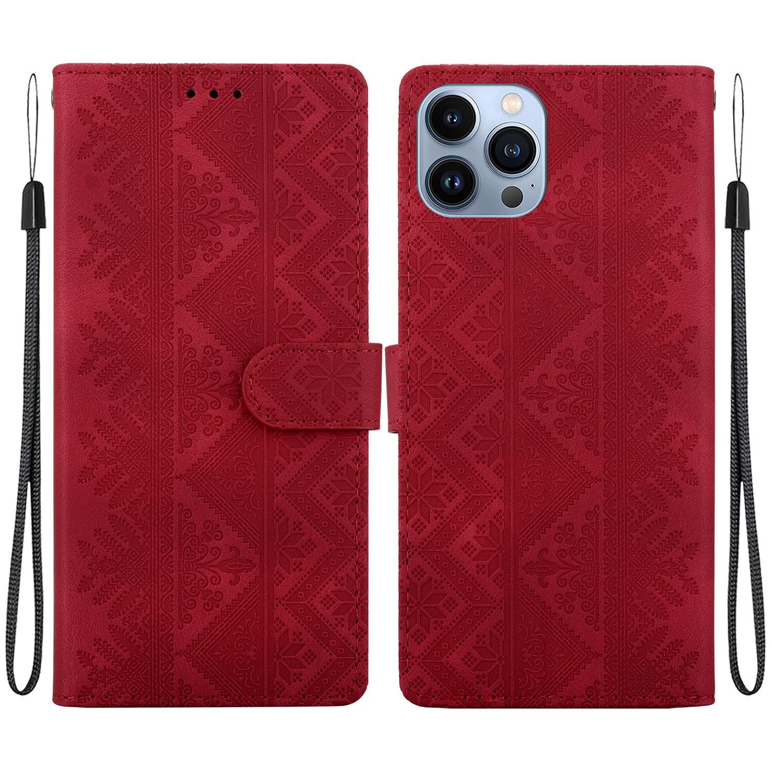 For iPhone 15 Pro Max Ethnic Pattern Embossed Vegan Leather Phone Case(Red) - Shopkiz.com
