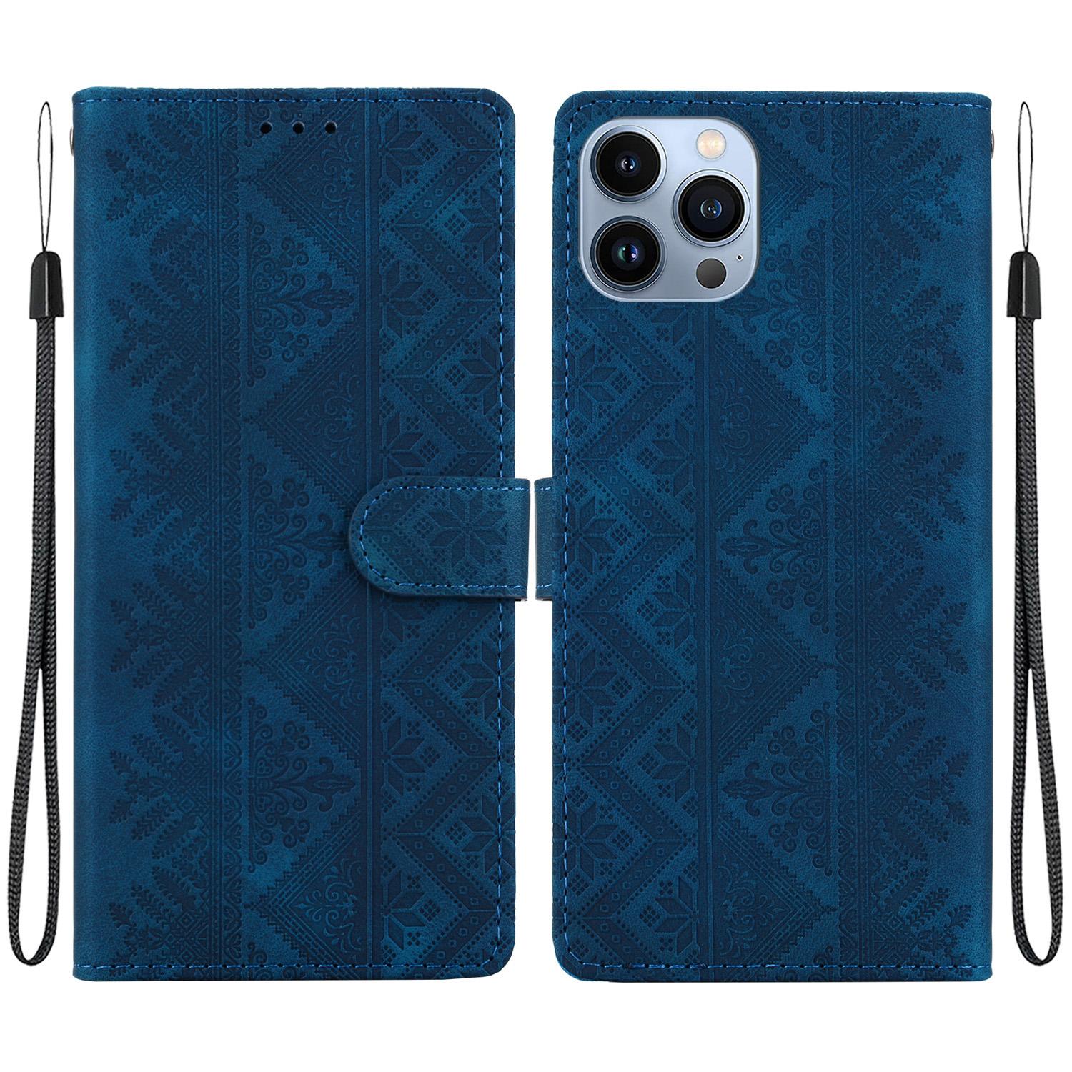 For iPhone 15 Pro Max Ethnic Pattern Embossed Vegan Leather Phone Case(Dark Blue) - Shopkiz.com