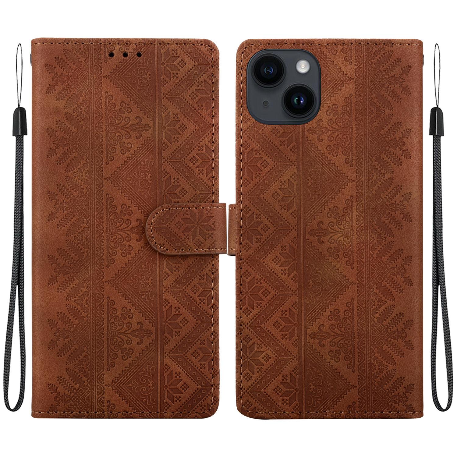 For iPhone 15 Plus Ethnic Pattern Embossed Vegan Leather Phone Case(Brown) - Shopkiz.com