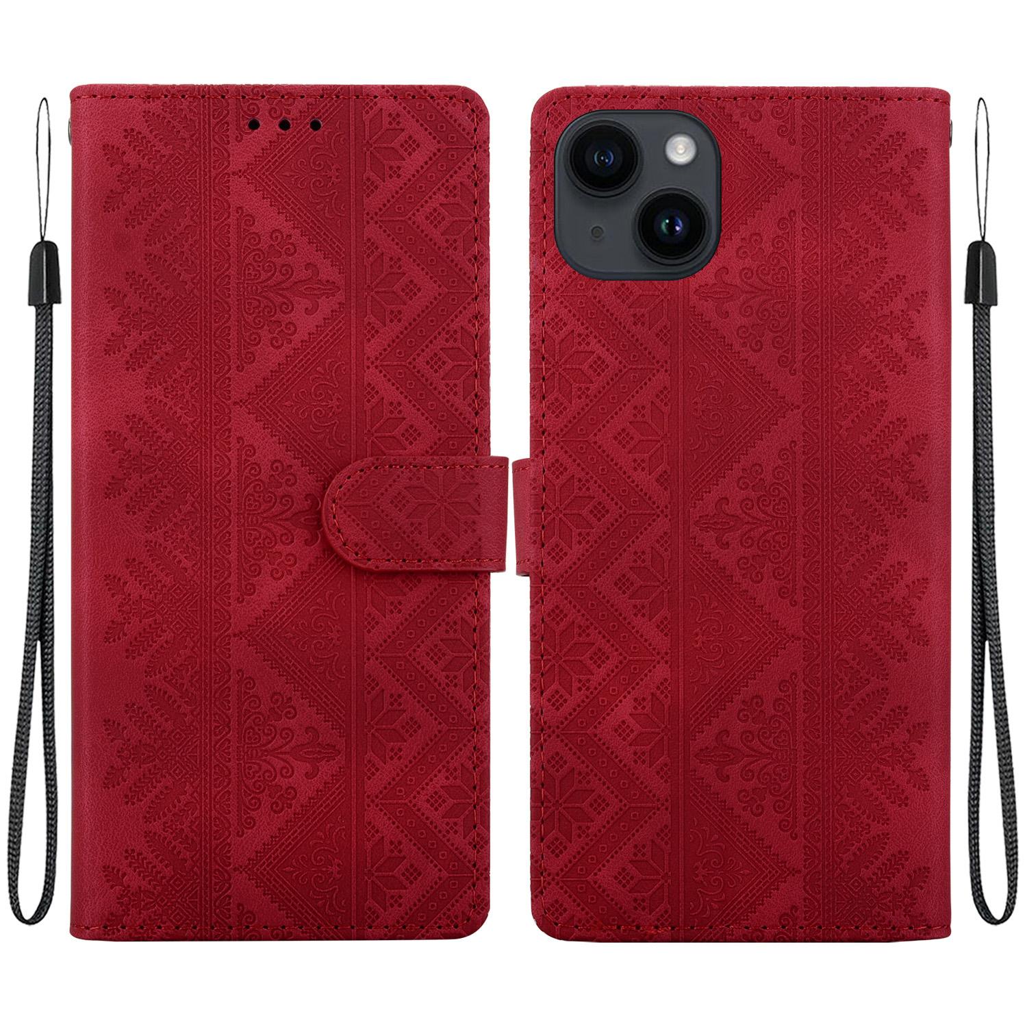 For iPhone 15 Plus Ethnic Pattern Embossed Vegan Leather Phone Case(Red) - Shopkiz.com