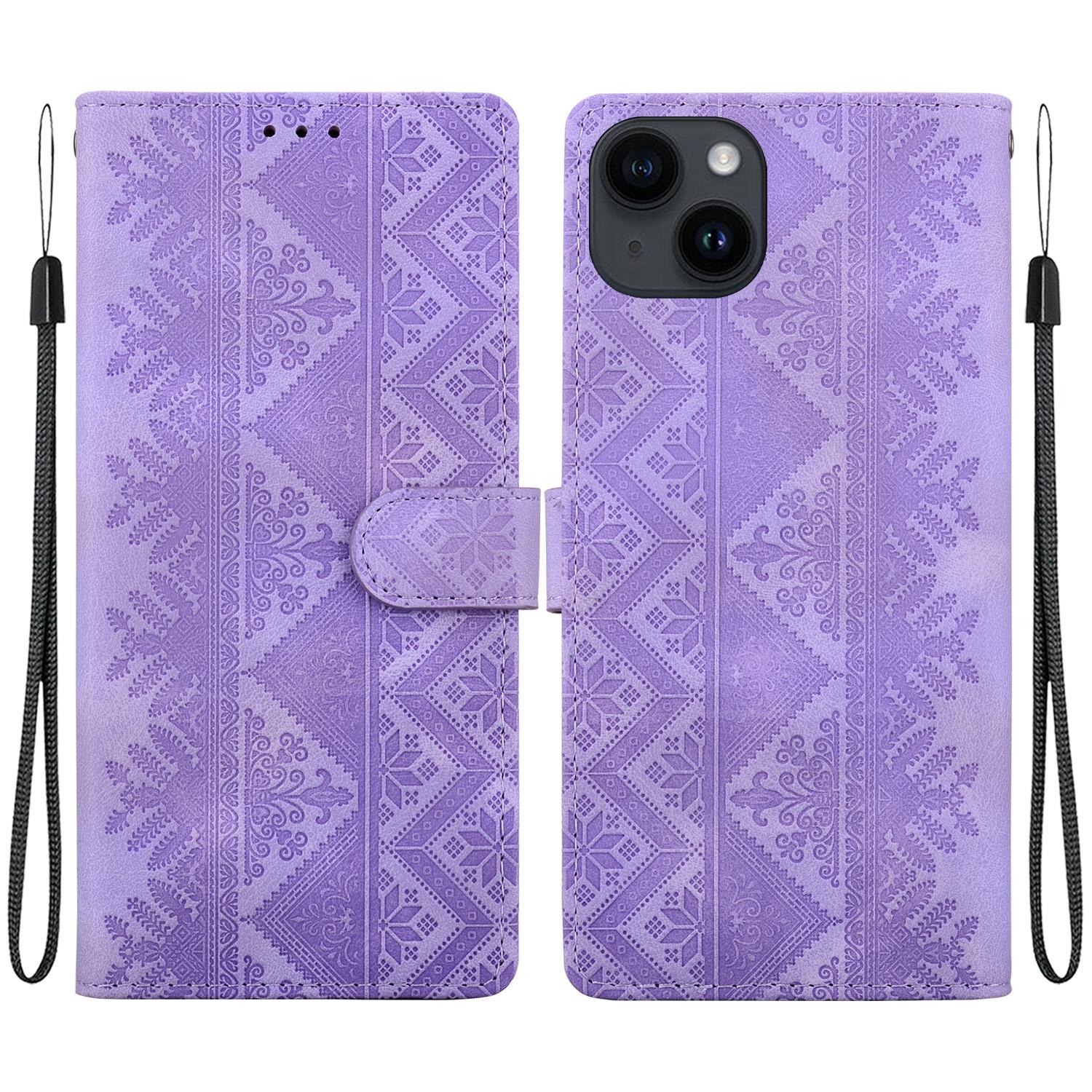 For iPhone 15 Plus Ethnic Pattern Embossed Vegan Leather Phone Case(Purple) - Shopkiz.com
