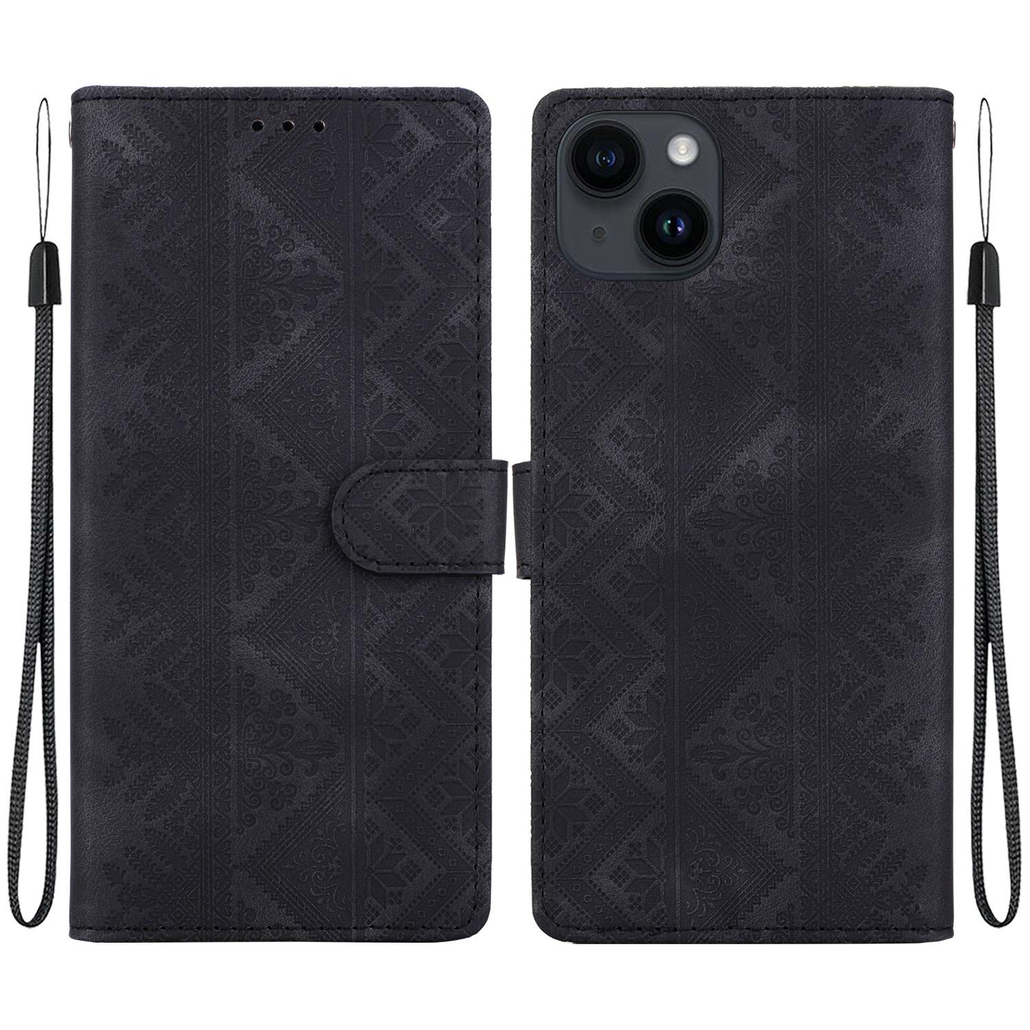 For iPhone 15 Plus Ethnic Pattern Embossed Vegan Leather Phone Case(Black) - Shopkiz.com