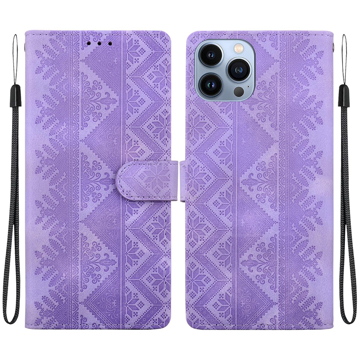 For iPhone 14 Pro Max Ethnic Pattern Embossed Vegan Leather Phone Case(Purple) - Shopkiz.com