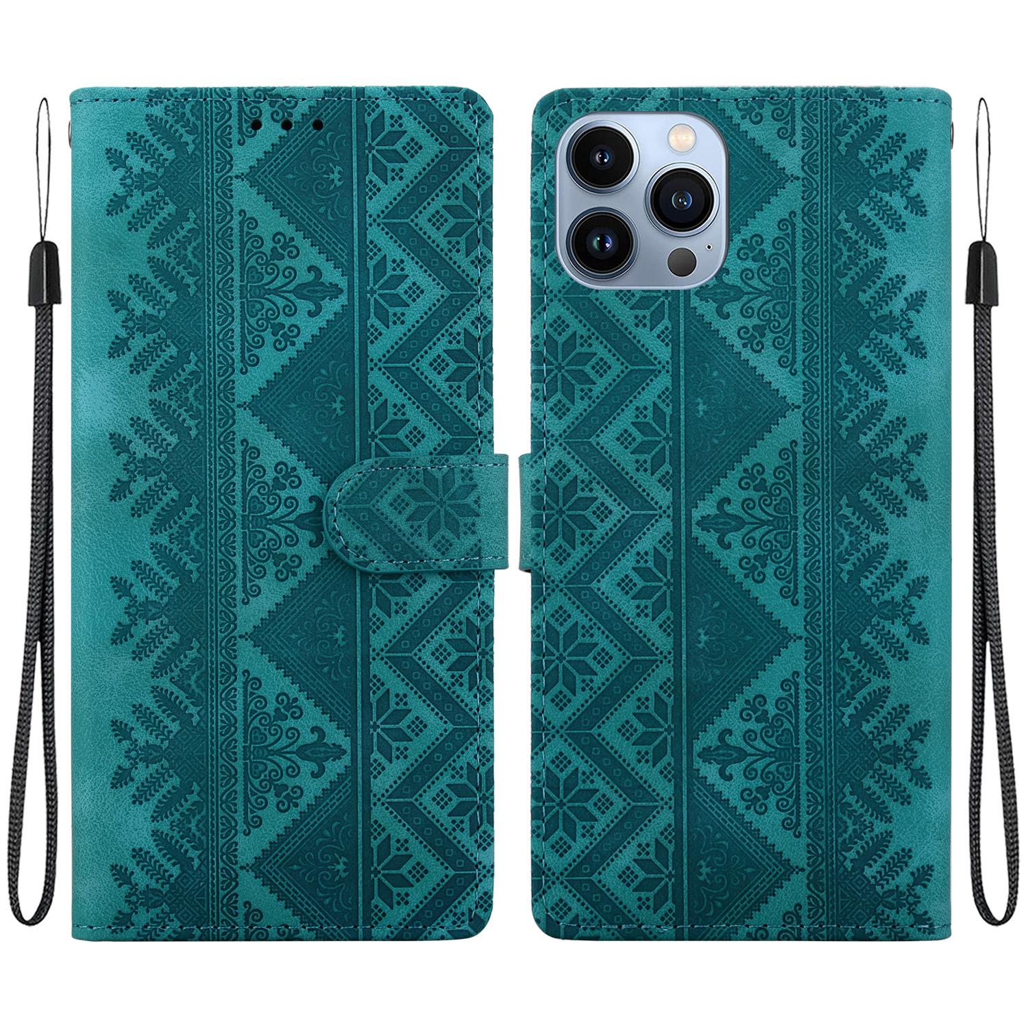 For iPhone 14 Pro Ethnic Pattern Embossed Vegan Leather Phone Case(Green) - Shopkiz.com