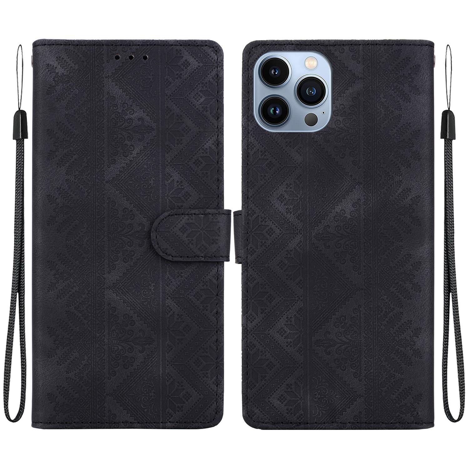 For iPhone 14 Pro Ethnic Pattern Embossed Vegan Leather Phone Case(Black) - Shopkiz.com