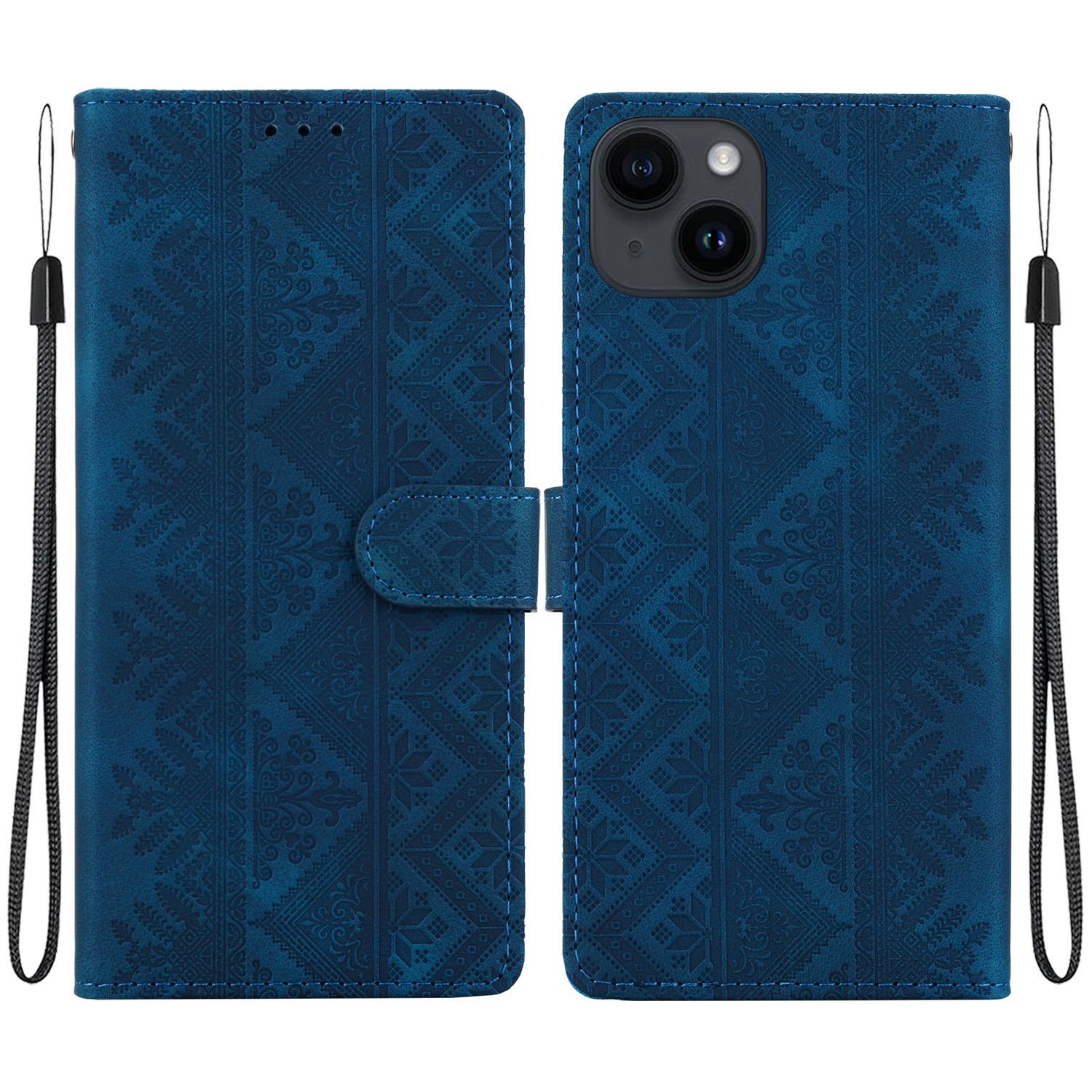 For iPhone 14 Plus Ethnic Pattern Embossed Vegan Leather Phone Case(Dark Blue) - Shopkiz.com