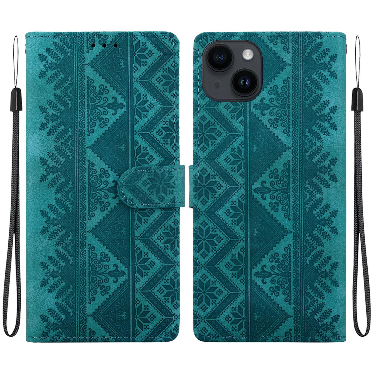 For iPhone 13 mini Ethnic Pattern Embossed Vegan Leather Phone Case(Green) - Shopkiz.com