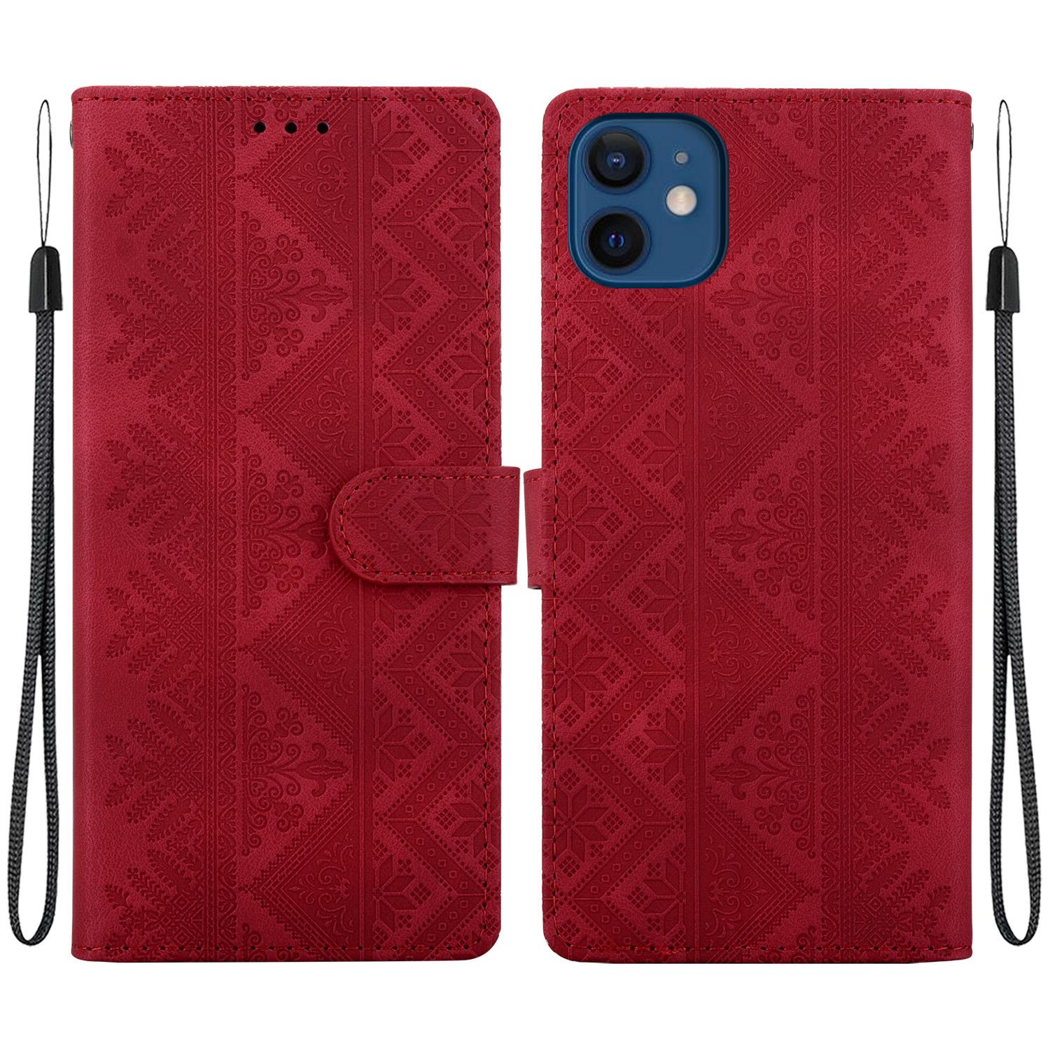 For iPhone 12 mini Ethnic Pattern Embossed Vegan Leather Phone Case(Red) - Shopkiz.com