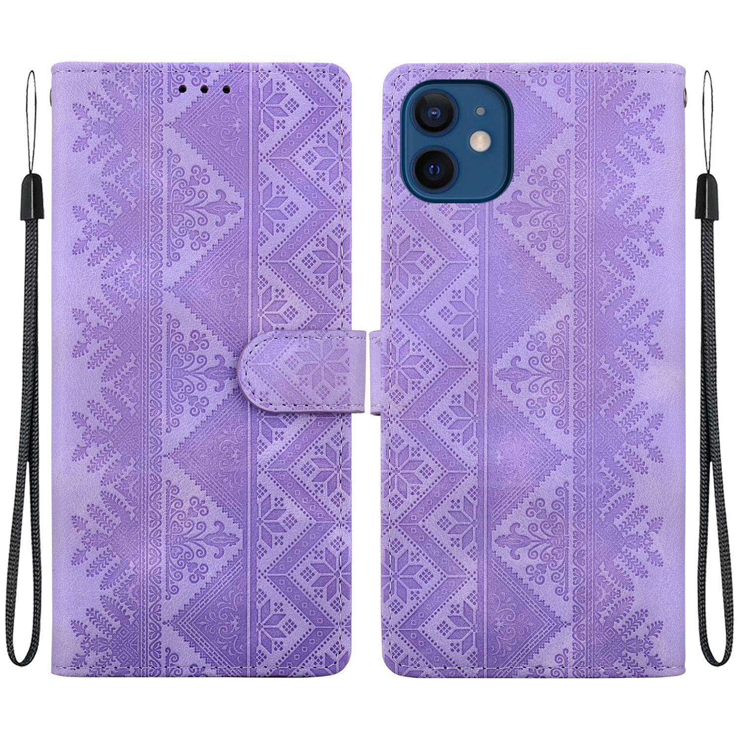 For iPhone 12 mini Ethnic Pattern Embossed Vegan Leather Phone Case(Purple) - Shopkiz.com