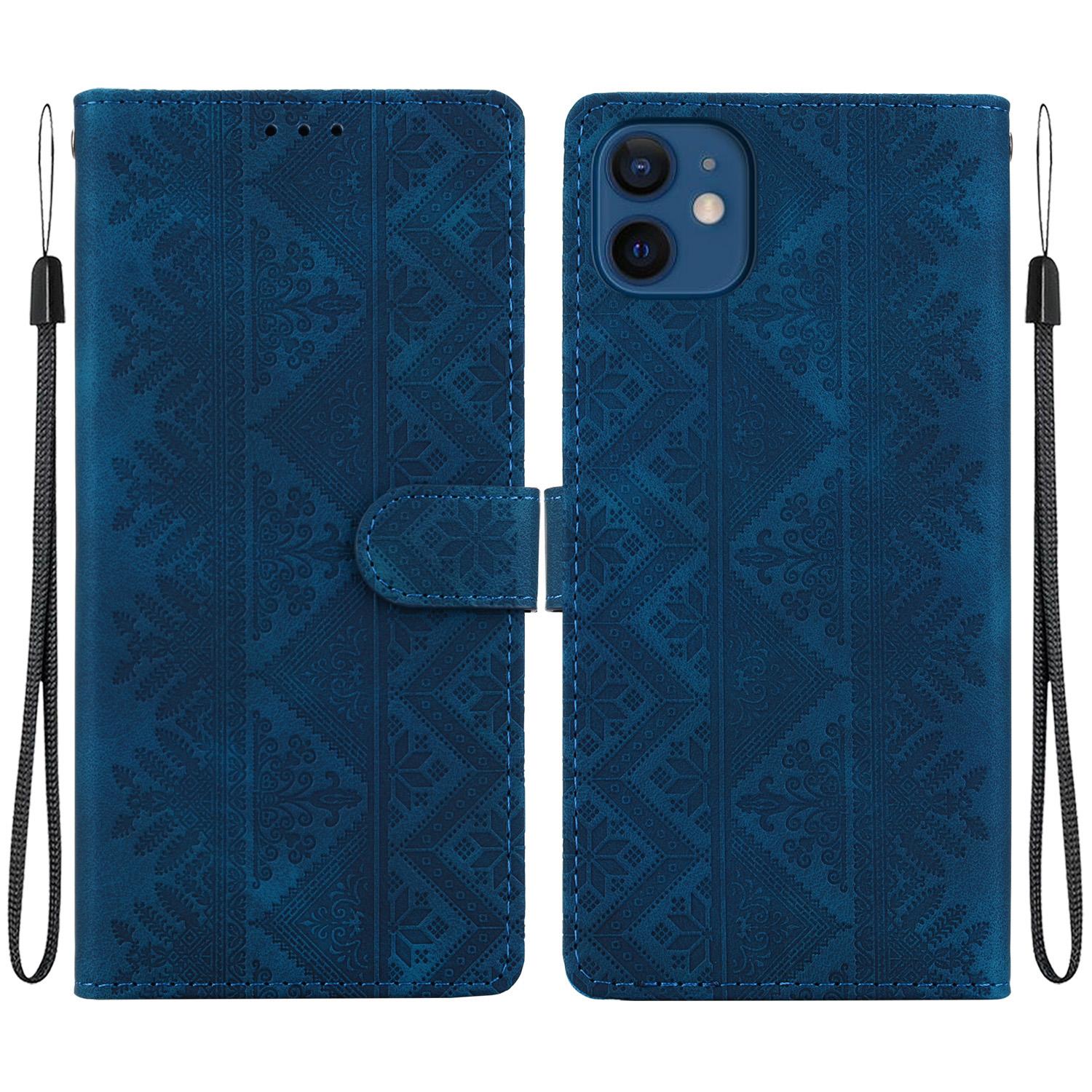 For iPhone 12 mini Ethnic Pattern Embossed Vegan Leather Phone Case(Dark Blue) - Shopkiz.com