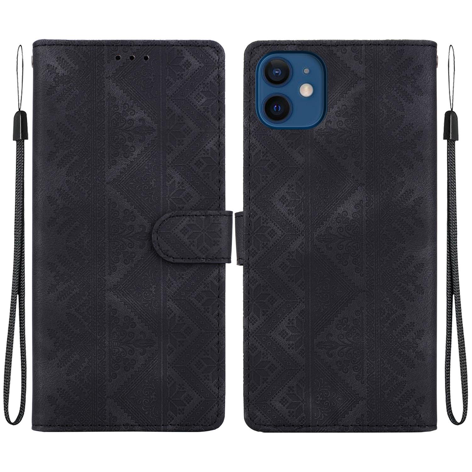 For iPhone 12 mini Ethnic Pattern Embossed Vegan Leather Phone Case(Black) - Shopkiz.com