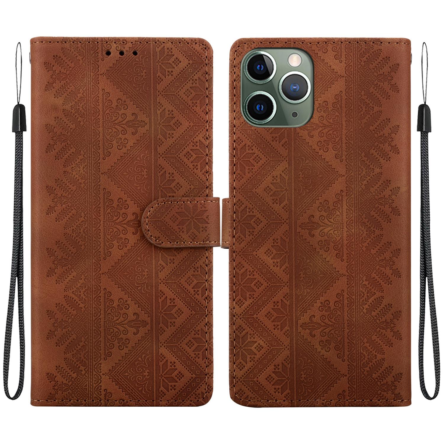 For iPhone 11 Pro Max Ethnic Pattern Embossed Vegan Leather Phone Case(Brown) - Shopkiz.com