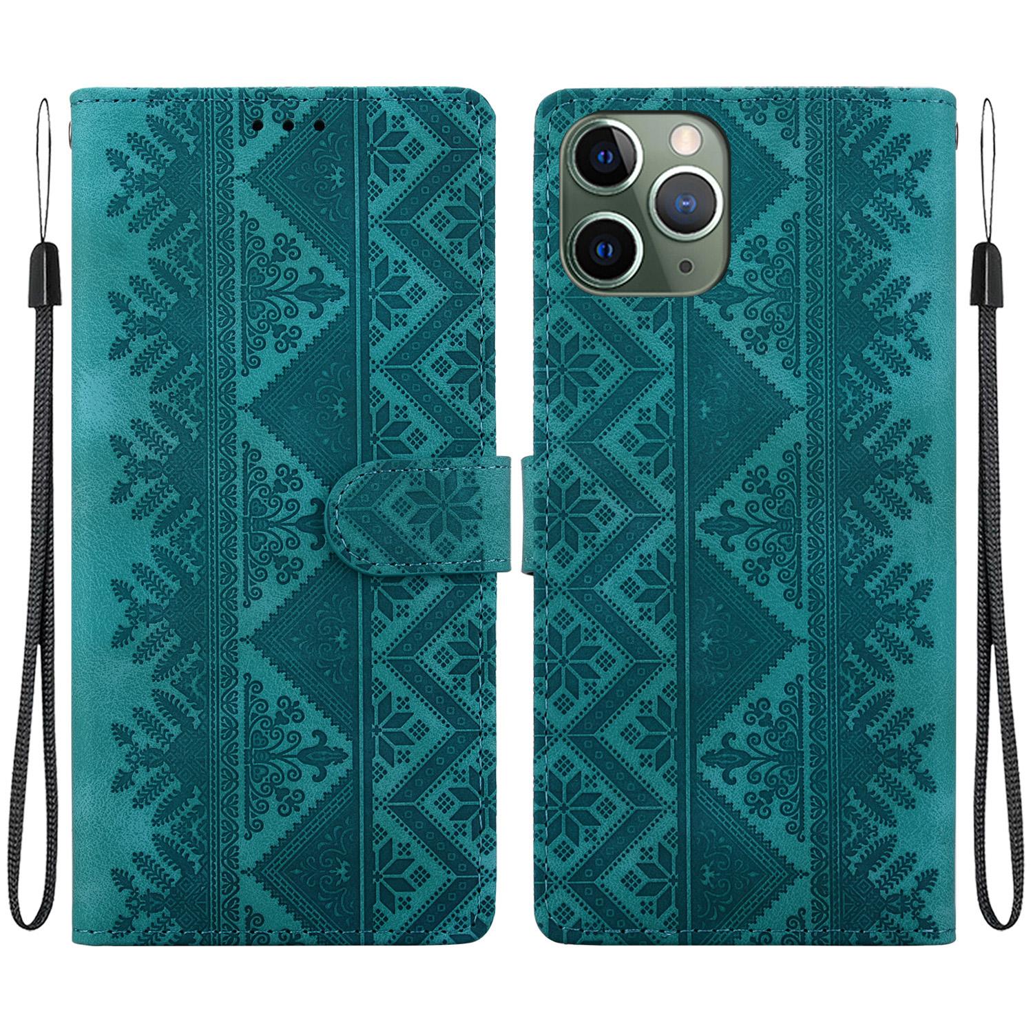 For iPhone 11 Pro Max Ethnic Pattern Embossed Vegan Leather Phone Case(Green) - Shopkiz.com