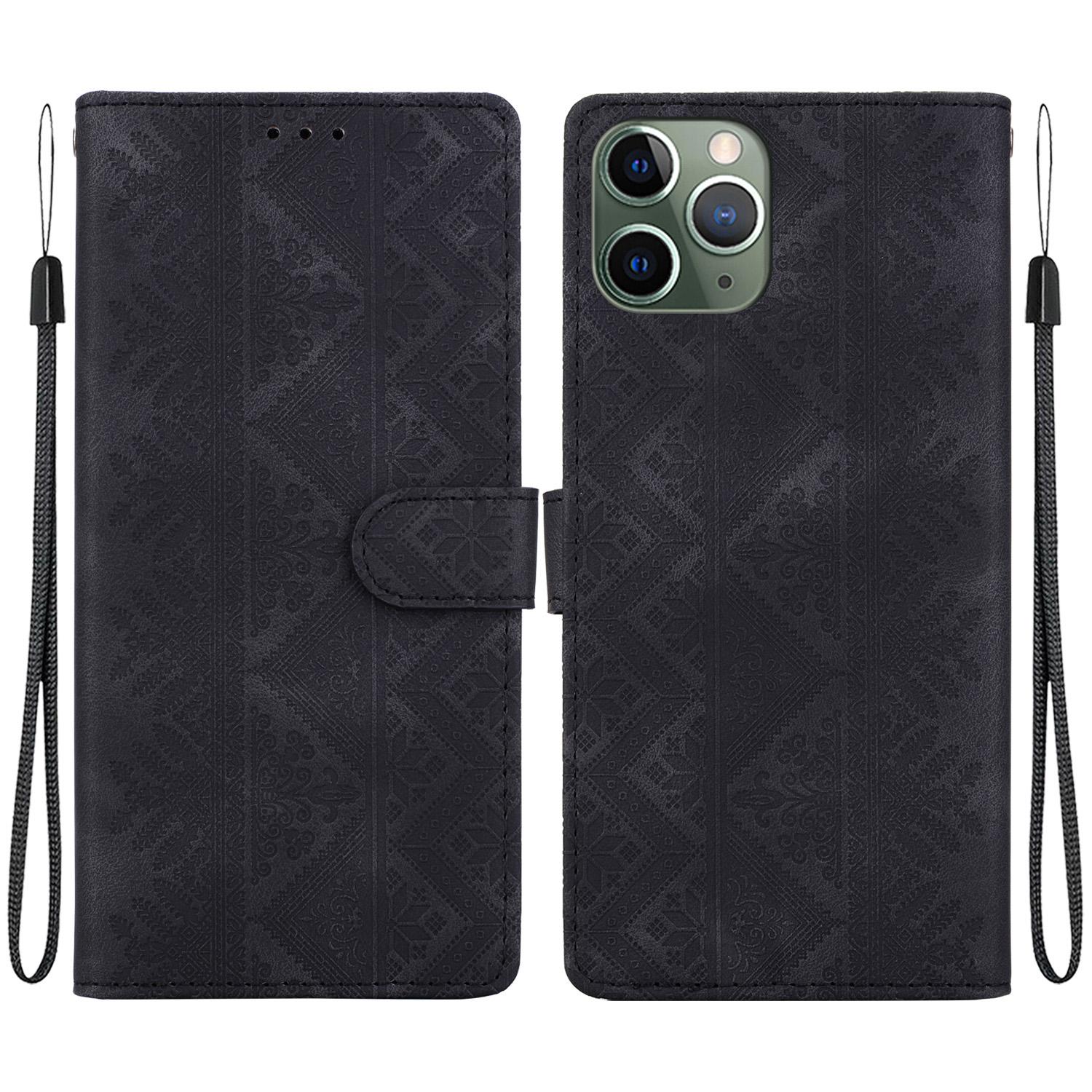 For iPhone 11 Pro Max Ethnic Pattern Embossed Vegan Leather Phone Case(Black) - Shopkiz.com