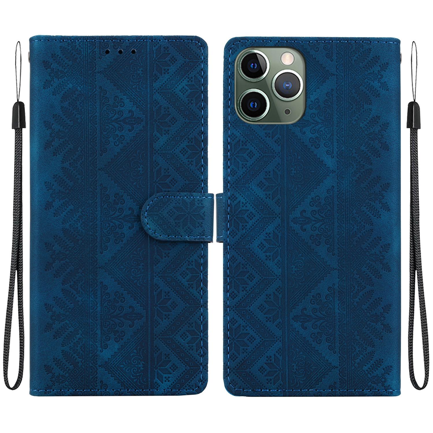 For iPhone 11 Pro Ethnic Pattern Embossed Vegan Leather Phone Case(Dark Blue) - Shopkiz.com