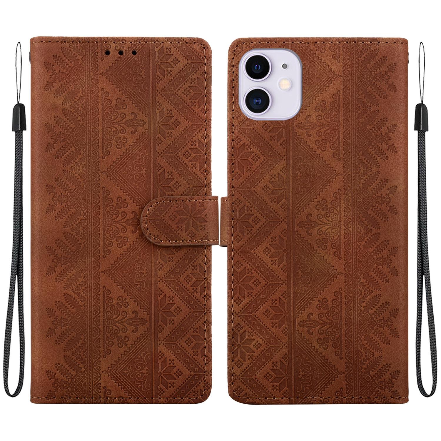 For iPhone 11 Ethnic Pattern Embossed Vegan Leather Phone Case(Brown) - Shopkiz.com