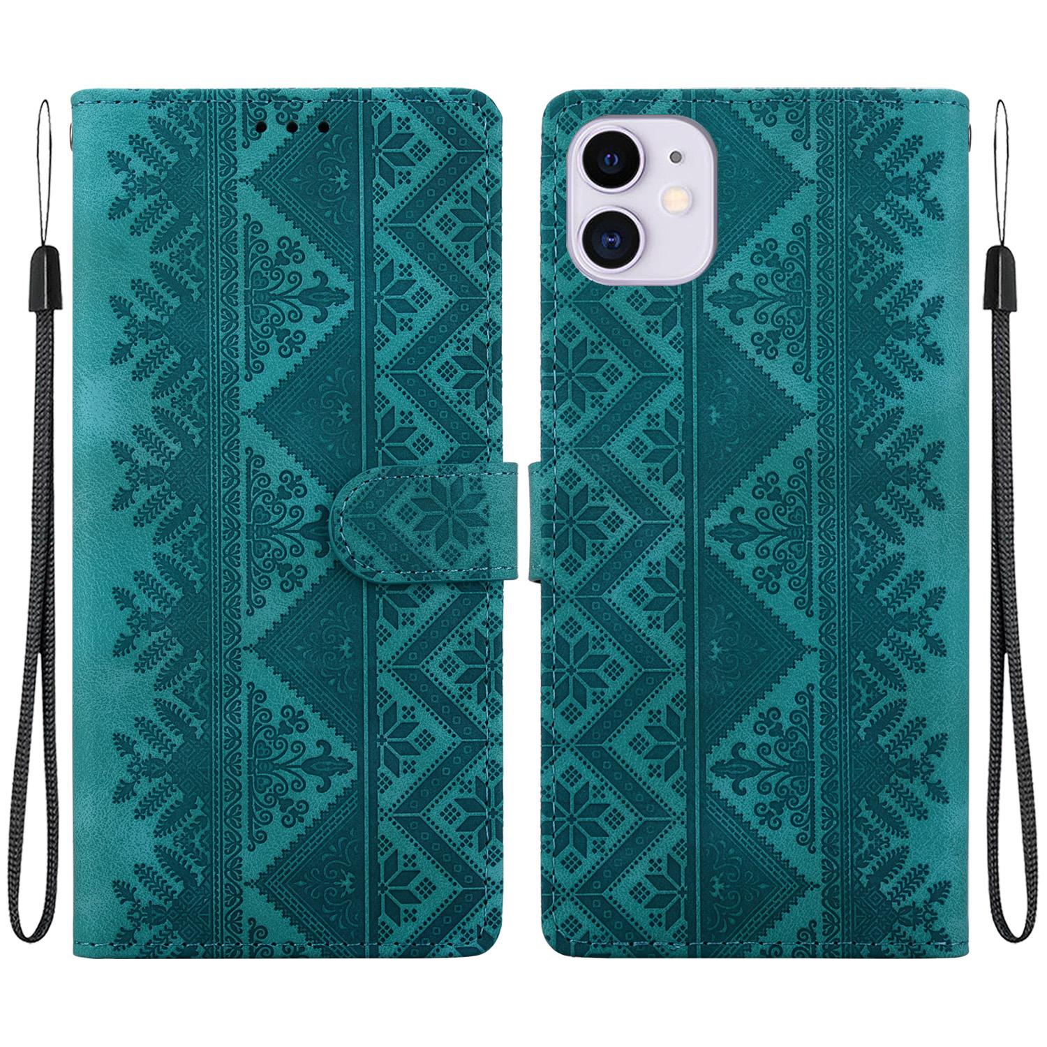For iPhone 11 Ethnic Pattern Embossed Vegan Leather Phone Case(Green) - Shopkiz.com