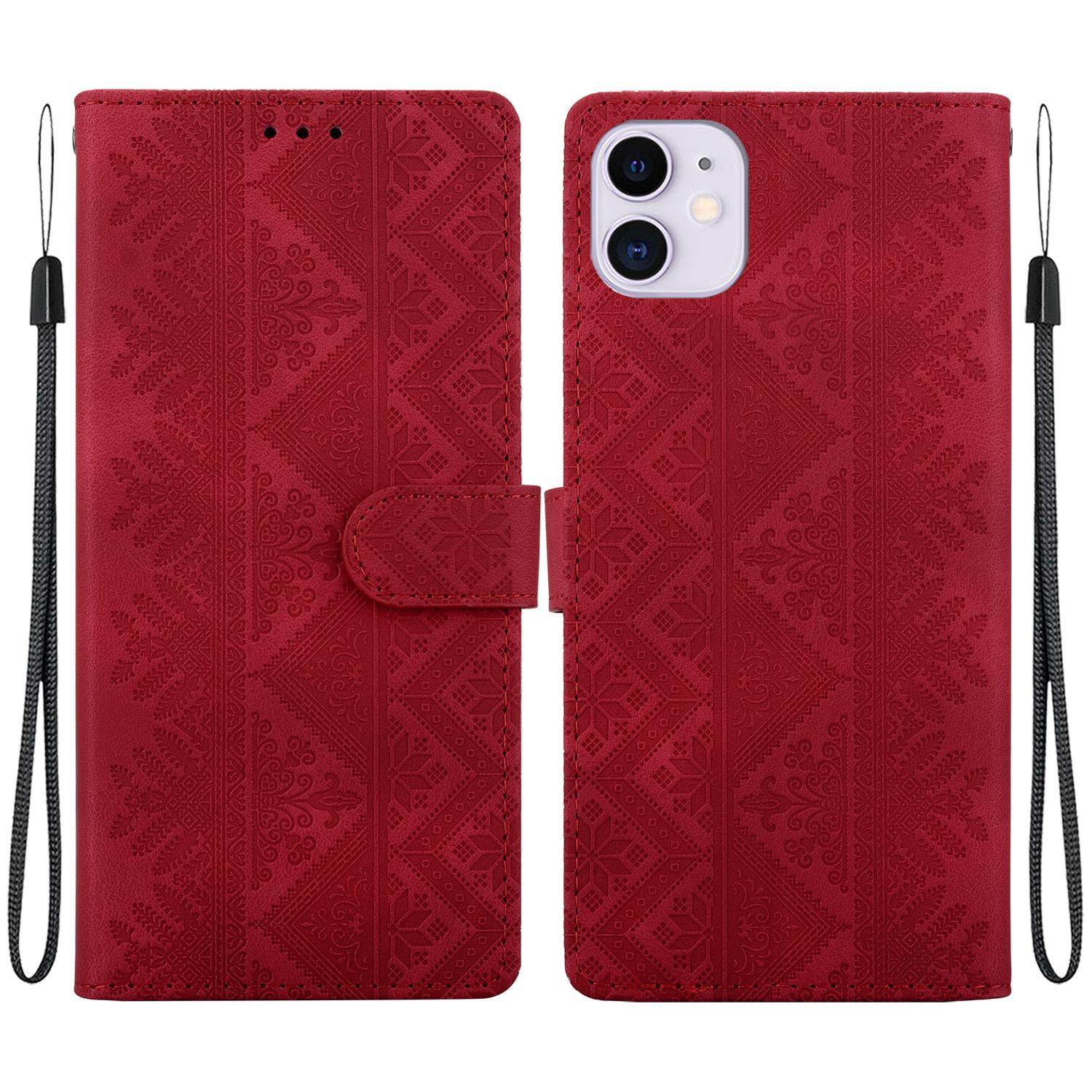 For iPhone 11 Ethnic Pattern Embossed Vegan Leather Phone Case(Red) - Shopkiz.com