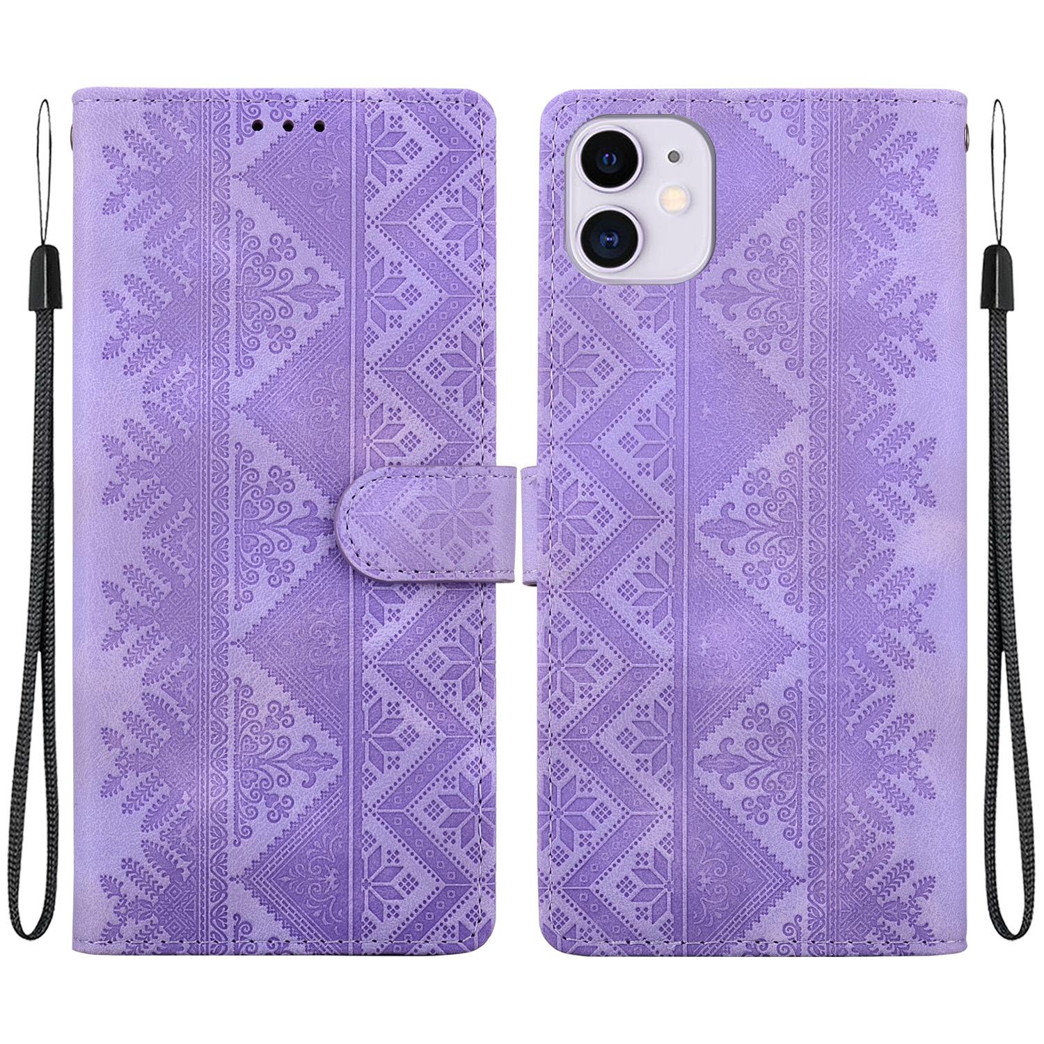 For iPhone 11 Ethnic Pattern Embossed Vegan Leather Phone Case(Purple) - Shopkiz.com