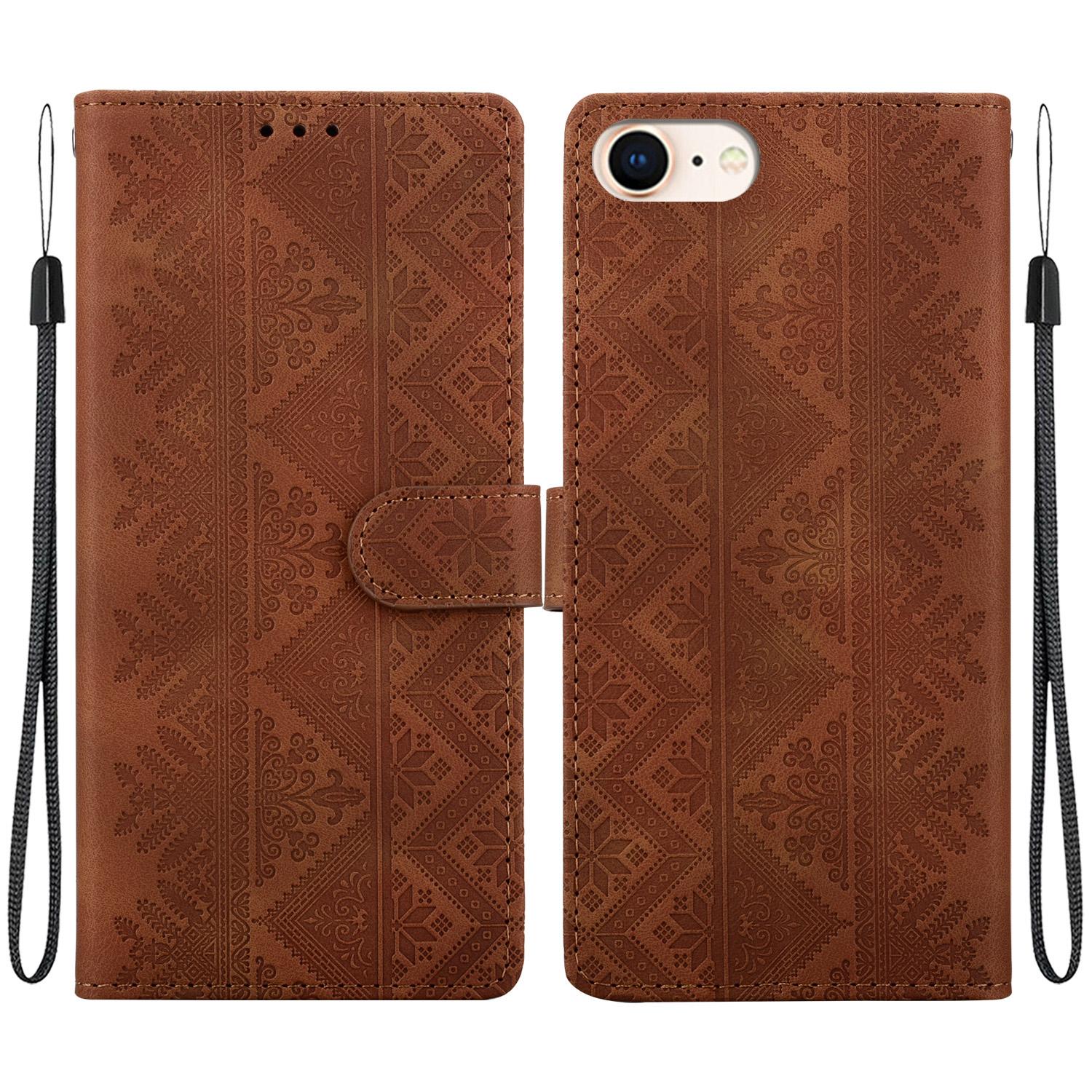 For iPhone SE 2022 / SE 2020 / 8 / 7 Ethnic Pattern Embossed Vegan Leather Phone Case(Brown) - Shopkiz.com