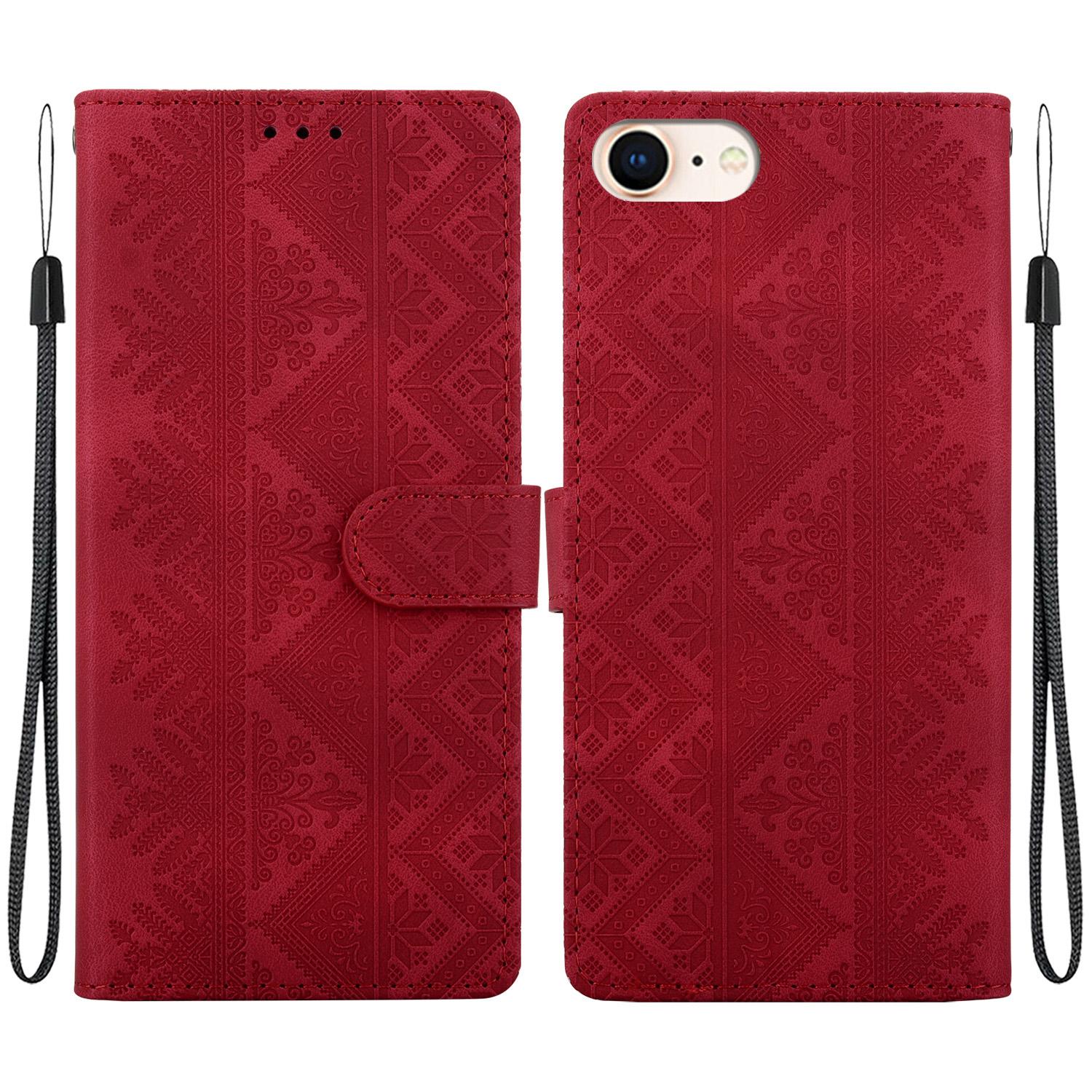 For iPhone SE 2022 / SE 2020 / 8 / 7 Ethnic Pattern Embossed Vegan Leather Phone Case(Red) - Shopkiz.com