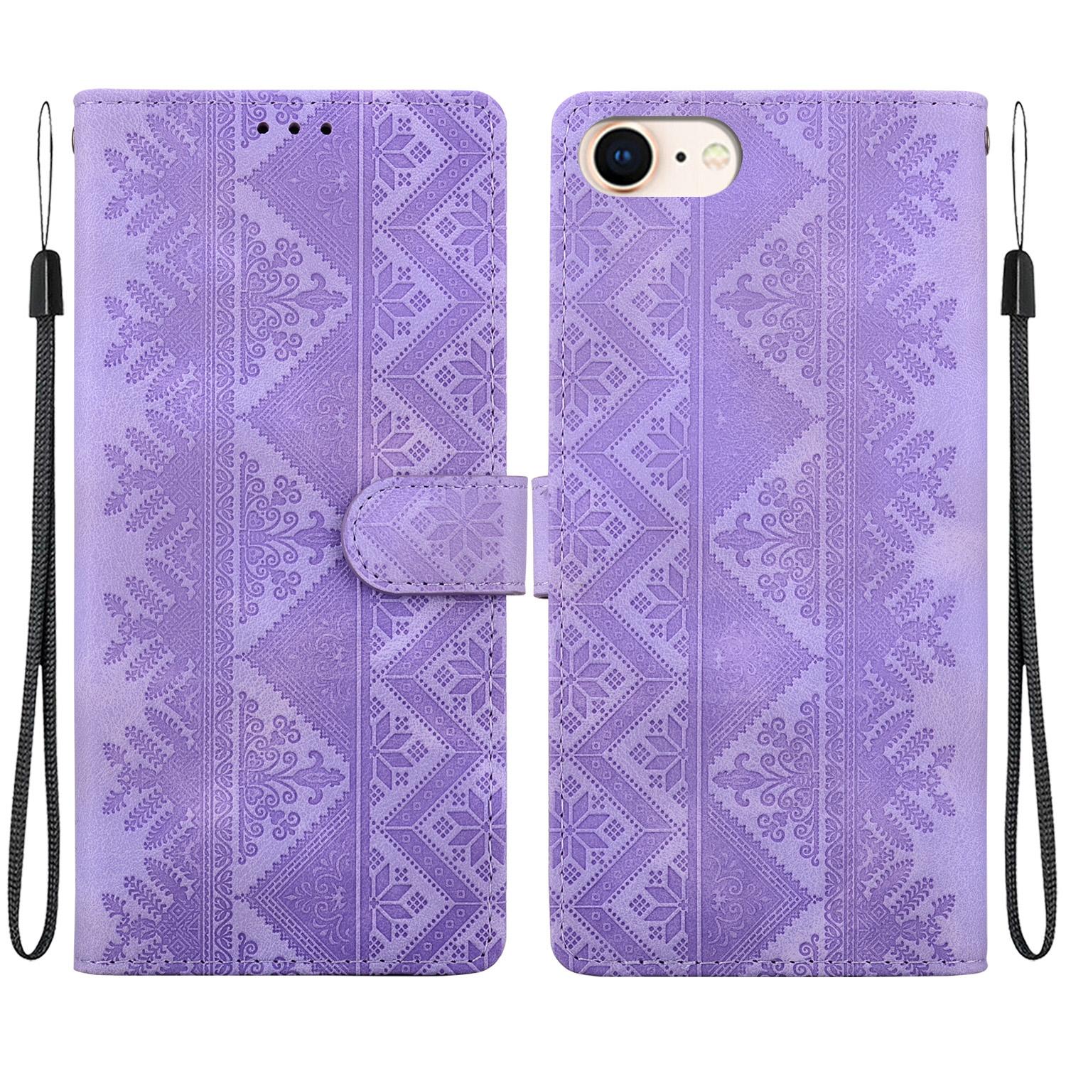 For iPhone SE 2022 / SE 2020 / 8 / 7 Ethnic Pattern Embossed Vegan Leather Phone Case(Purple) - Shopkiz.com