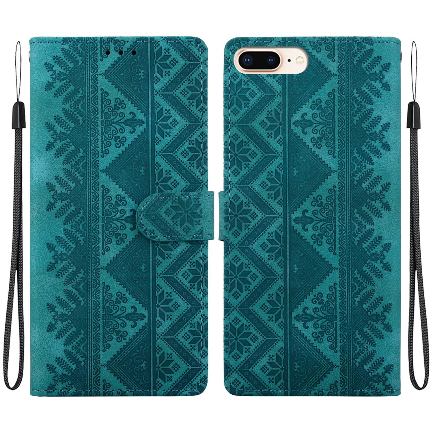 For iPhone 8 Plus / 7 Plus Ethnic Pattern Embossed Vegan Leather Phone Case(Green) - Shopkiz.com