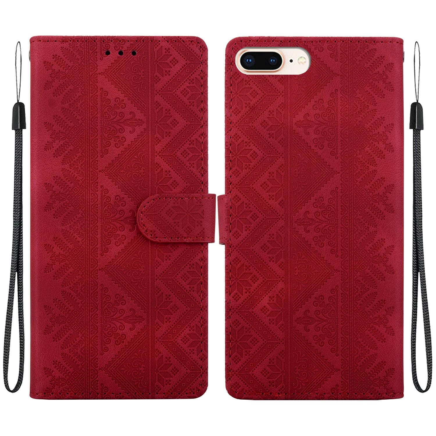 For iPhone 8 Plus / 7 Plus Ethnic Pattern Embossed Vegan Leather Phone Case(Red) - Shopkiz.com