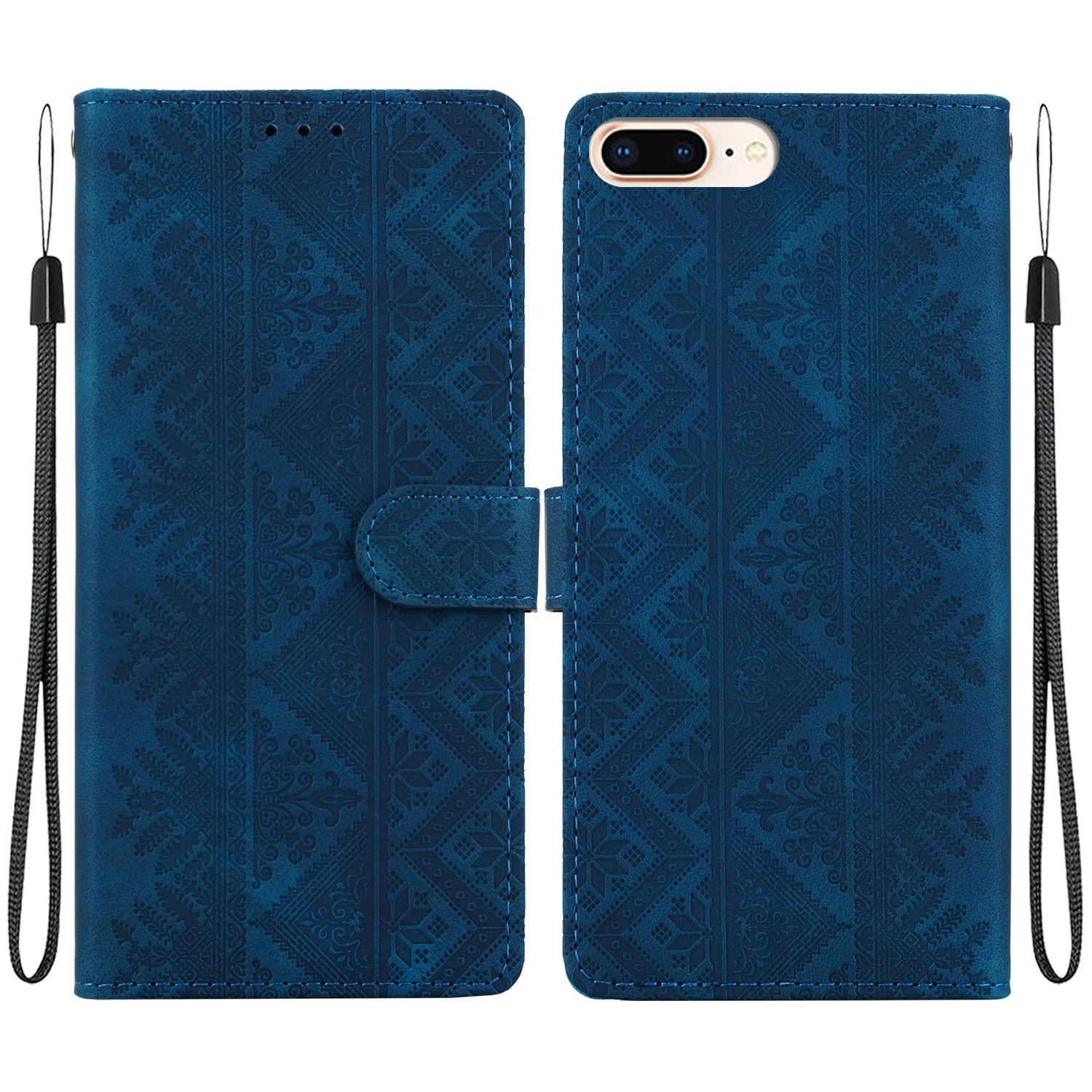 For iPhone 8 Plus / 7 Plus Ethnic Pattern Embossed Vegan Leather Phone Case(Dark Blue) - Shopkiz.com