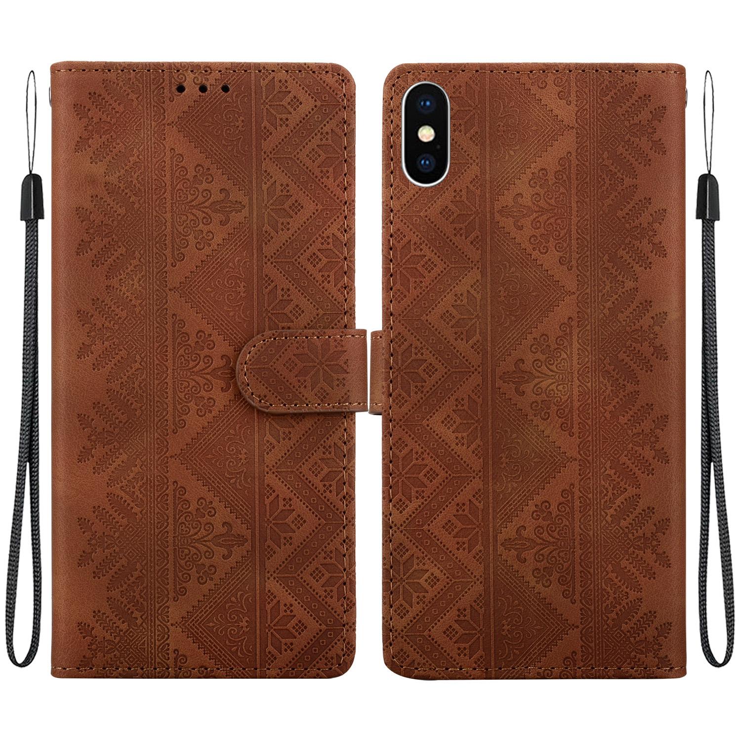 For iPhone XS Max Ethnic Pattern Embossed Vegan Leather Phone Case(Brown) - Shopkiz.com