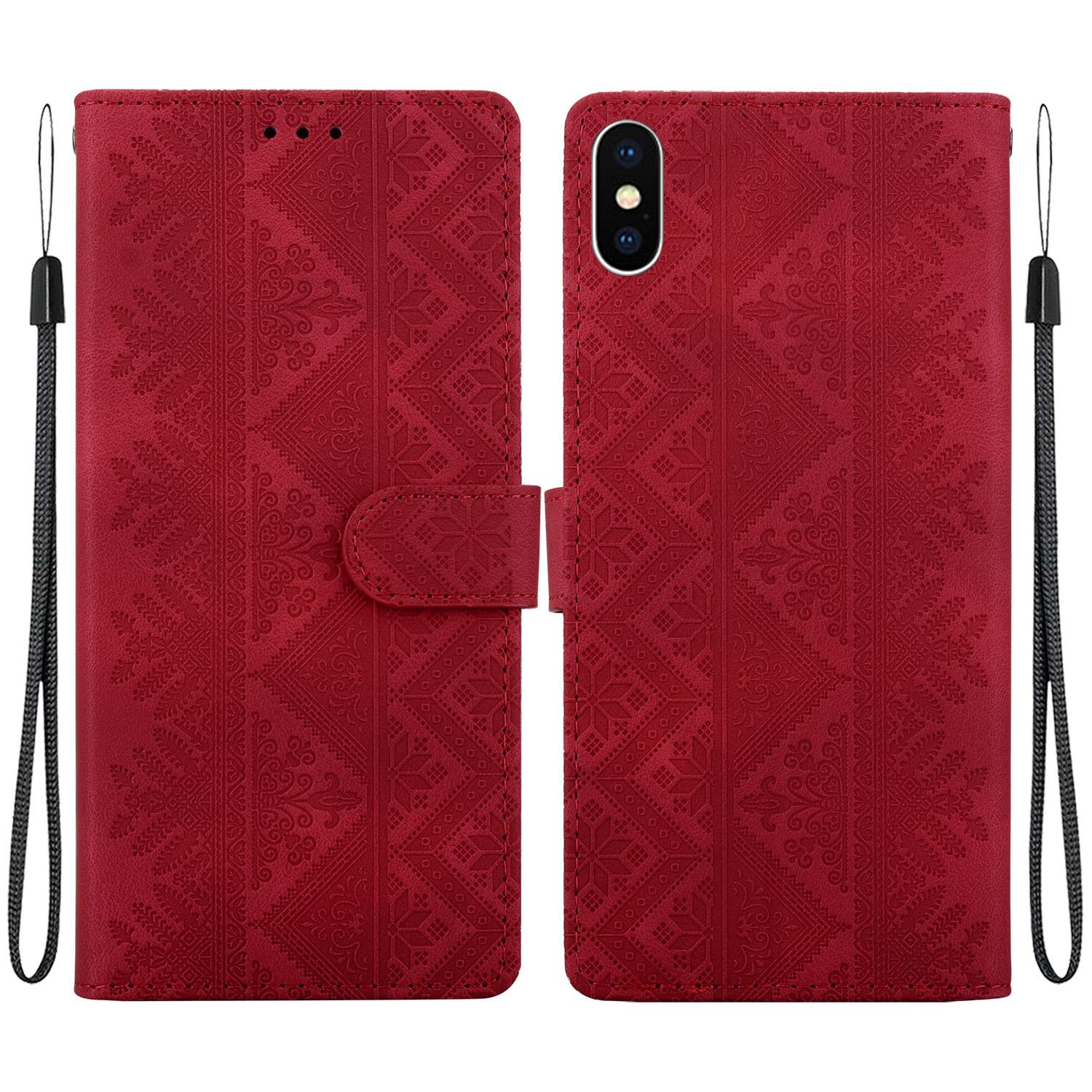 For iPhone XS Max Ethnic Pattern Embossed Vegan Leather Phone Case(Red) - Shopkiz.com