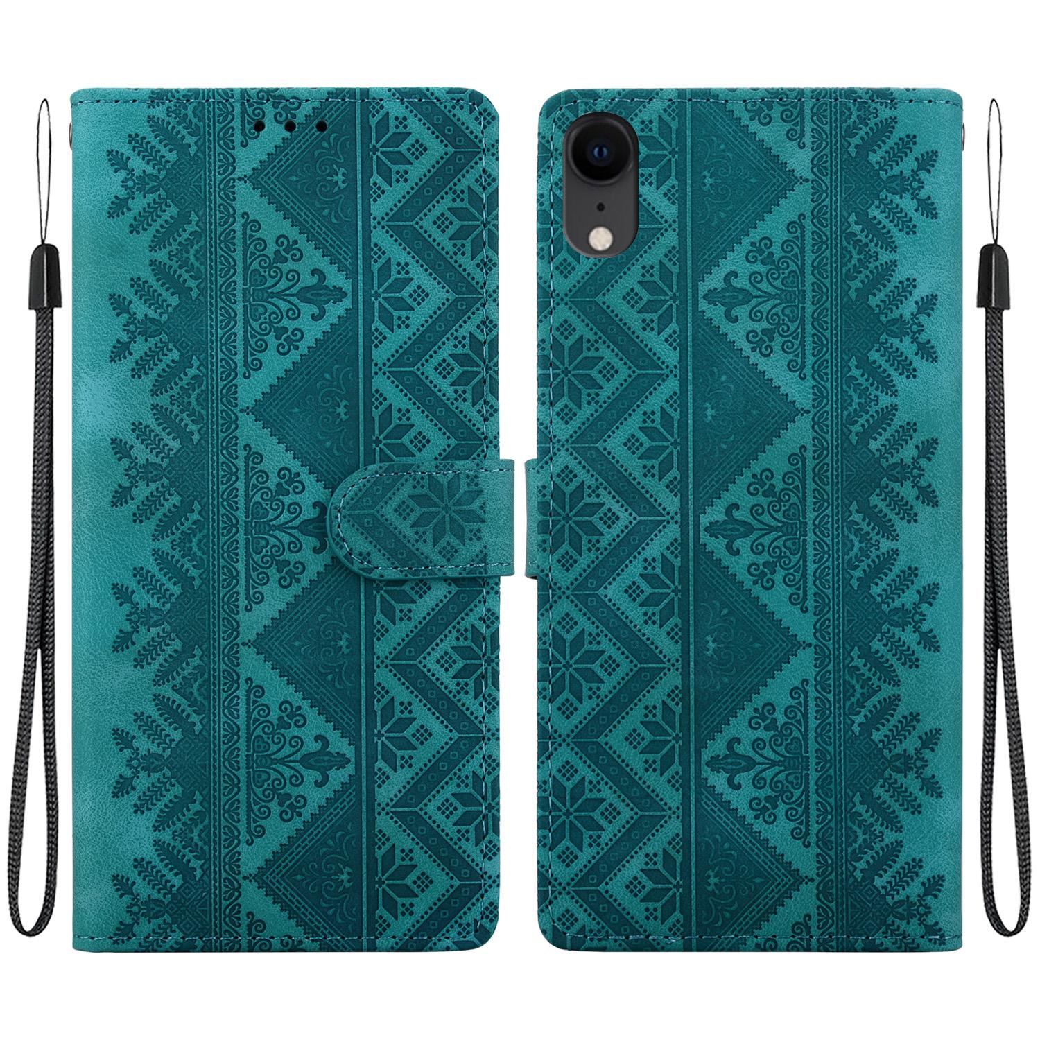 For iPhone XR Ethnic Pattern Embossed Vegan Leather Phone Case(Green) - Shopkiz.com
