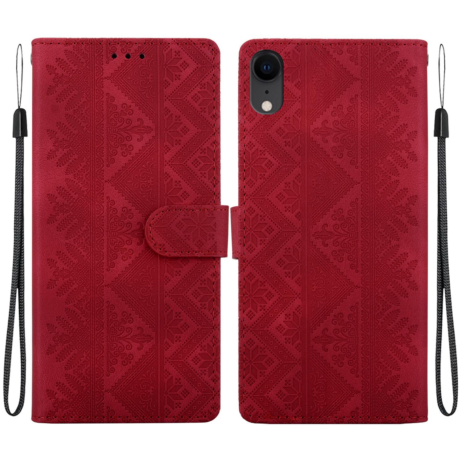 For iPhone XR Ethnic Pattern Embossed Vegan Leather Phone Case(Red) - Shopkiz.com