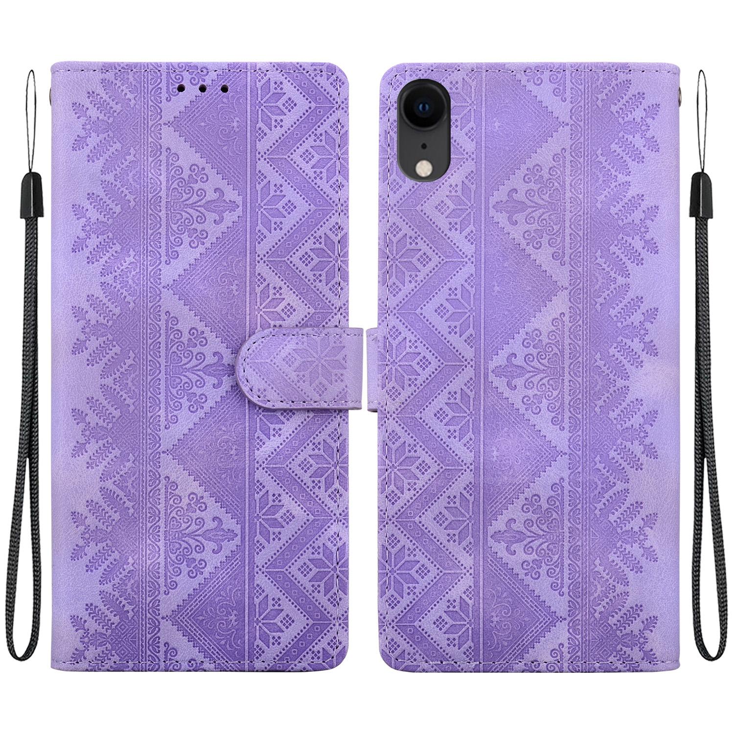 For iPhone XR Ethnic Pattern Embossed Vegan Leather Phone Case(Purple) - Shopkiz.com