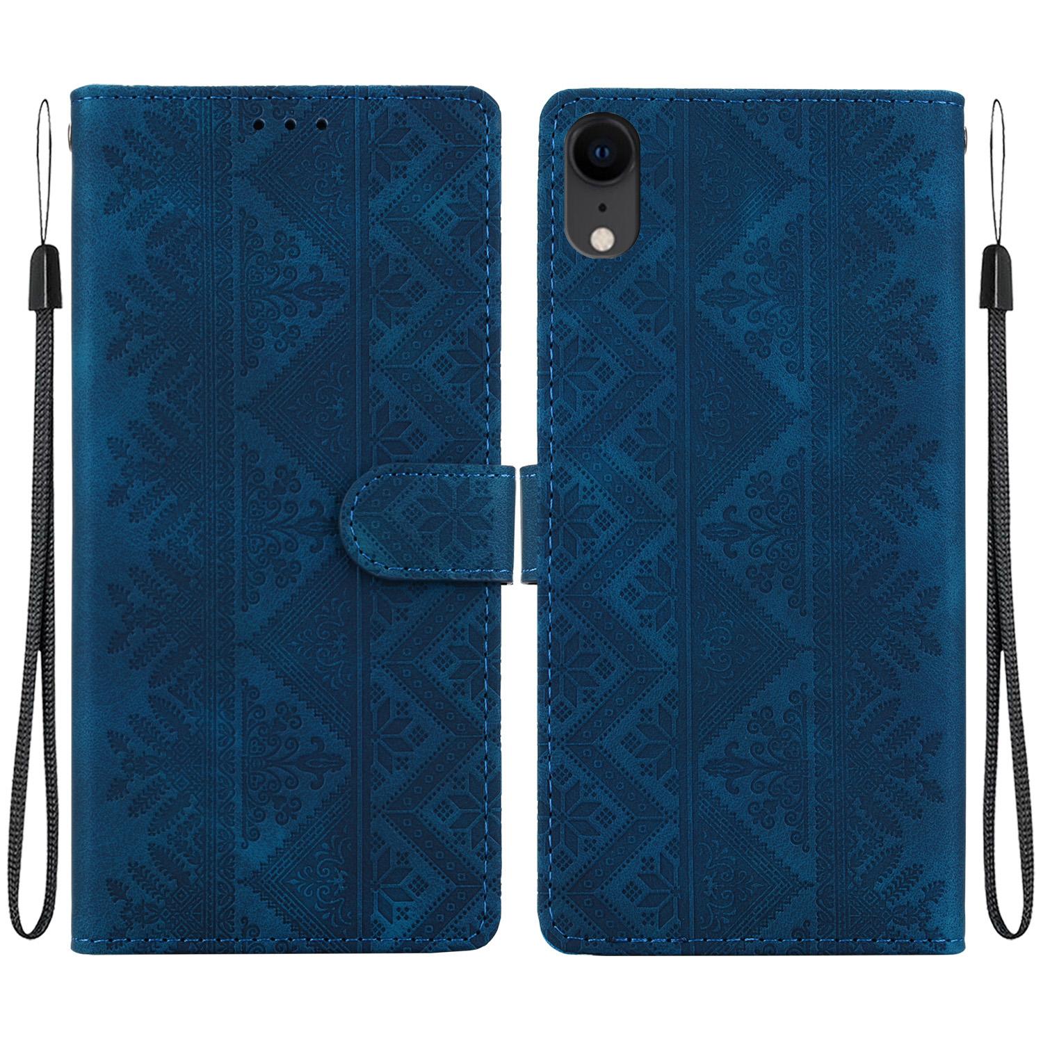 For iPhone XR Ethnic Pattern Embossed Vegan Leather Phone Case(Dark Blue) - Shopkiz.com